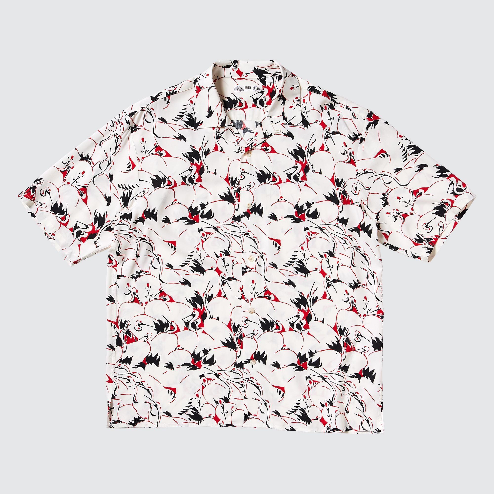 Mens Open Collar Shirt Short Sleeve Japanese Auspicious Symbol Print White XS UNIQLO US Product Image