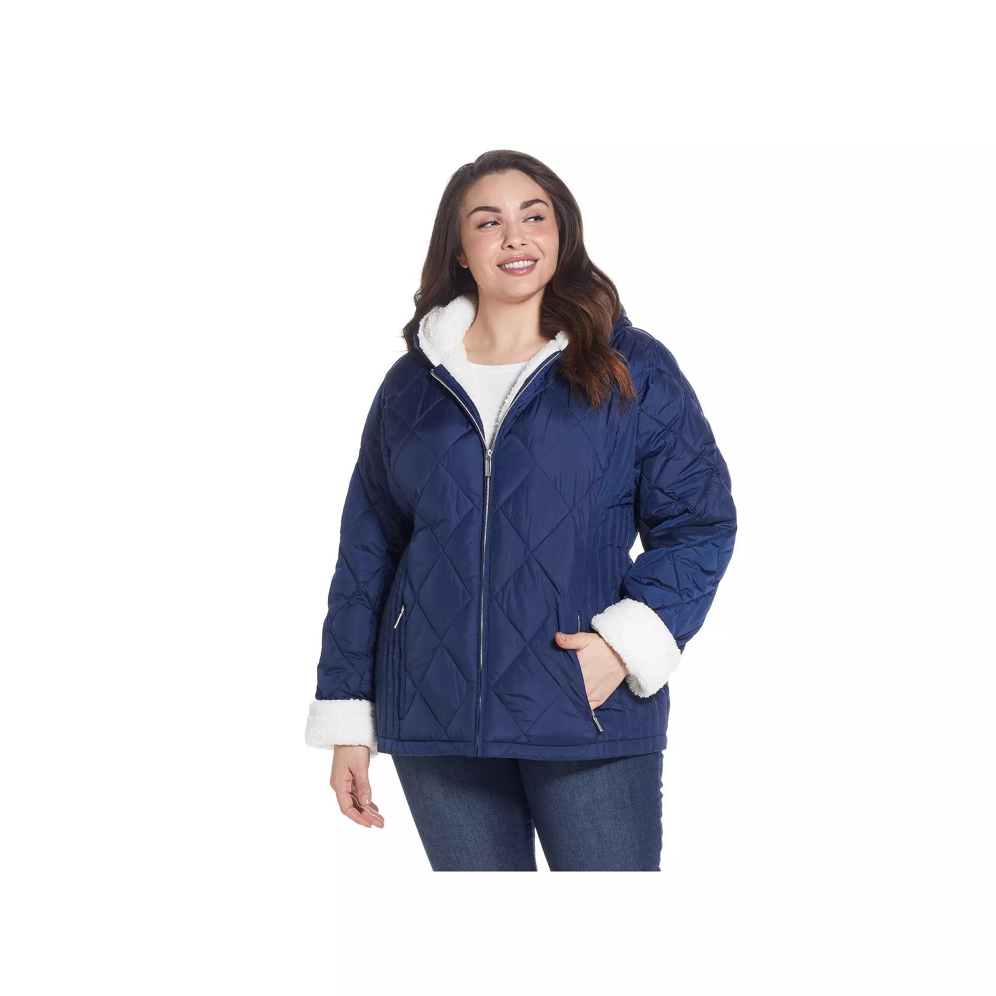 Plus Size Weathercast Sherpa-Trim Quilted Puffer Jacket, Womens Blue Product Image