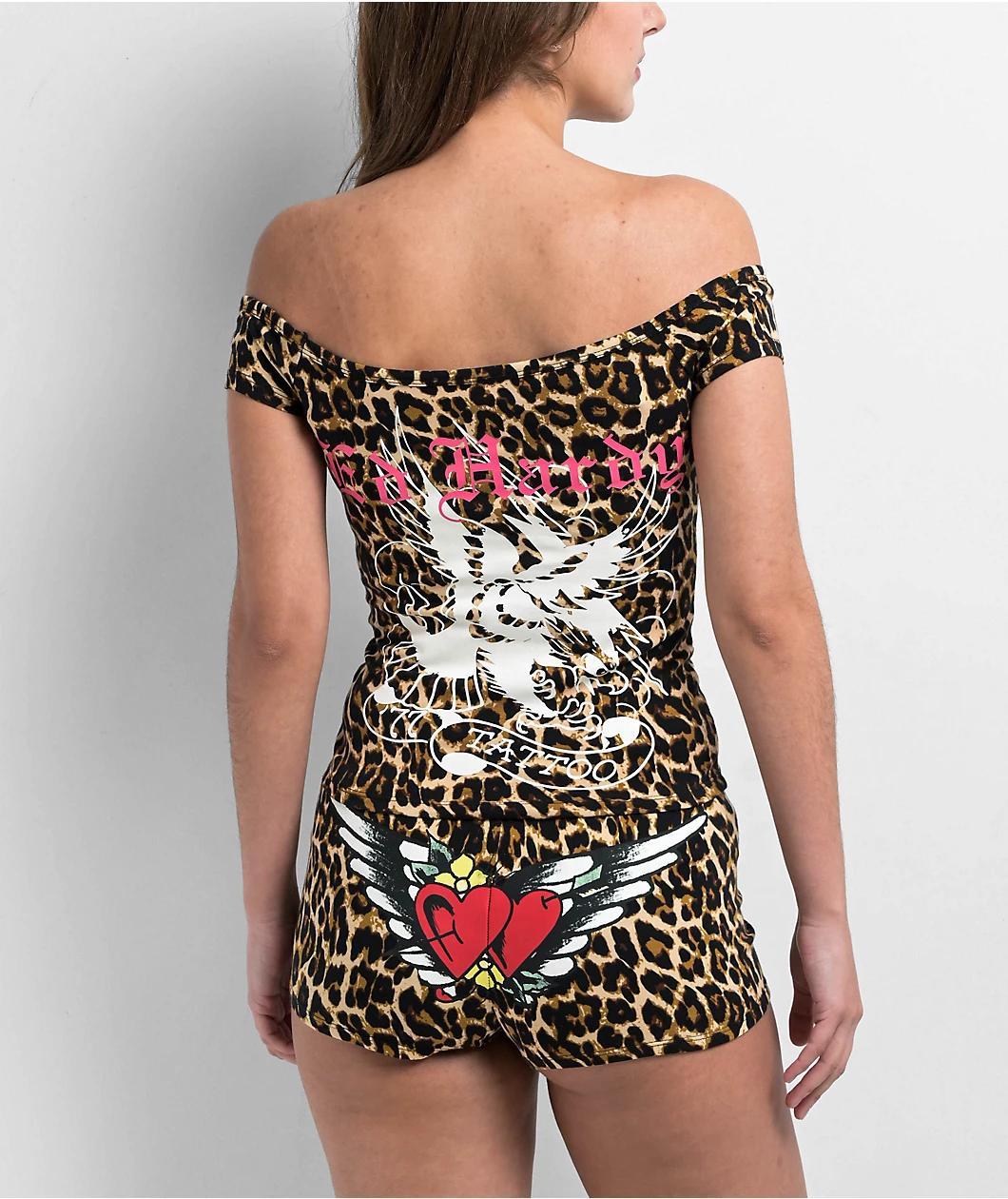 Ed Hardy Hearts Leopard Print Off Shoulder Crop T-Shirt Product Image
