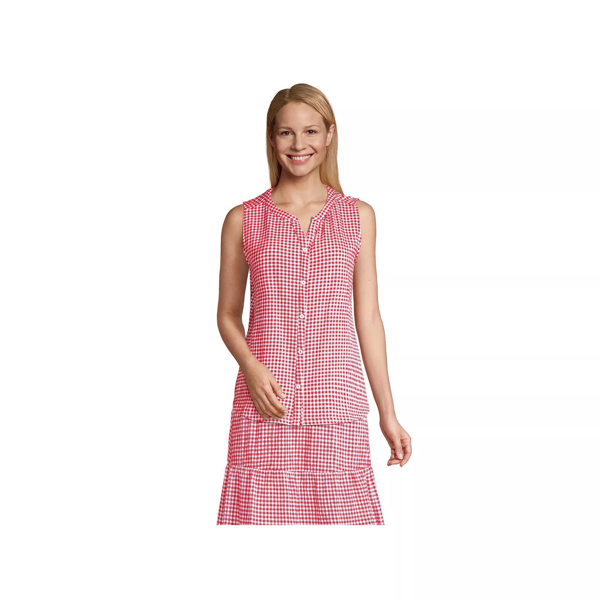 Women's Lands' End Sleeveless Button Front Tank Top, Size: Medium, Compass Red Check Product Image