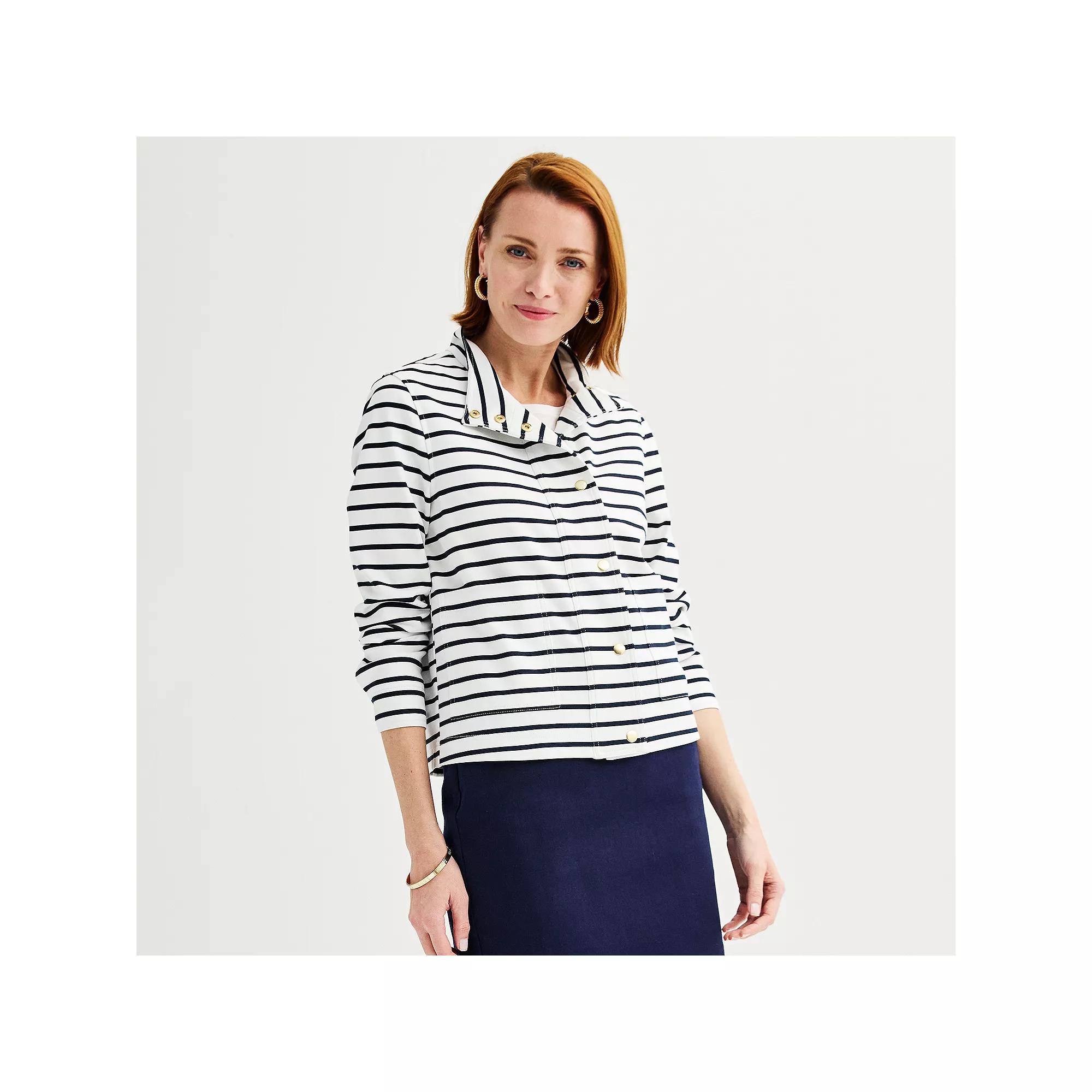 Womens Croft & Barrow Button Snap Long Sleeve Ponte Jacket Blue Mod Stripe Product Image