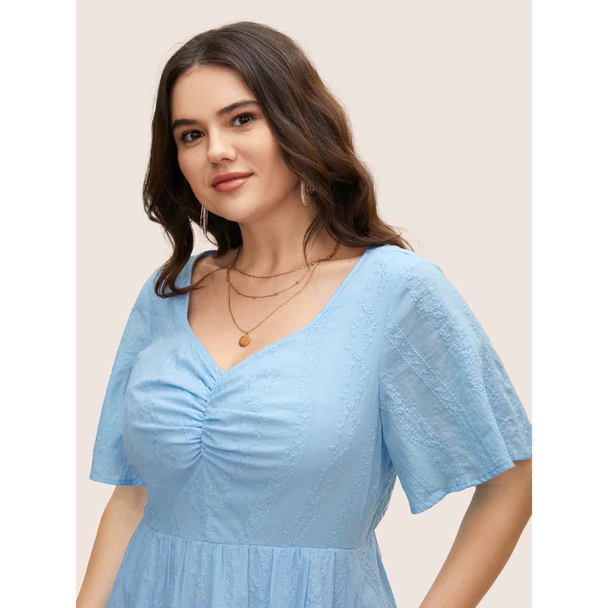 Plus Size Floral Chain Embroidered Ruched Midi Dress LightBlue Women Elegant Heart neckline Short sleeve Curvy BloomChic 30/6X Product Image