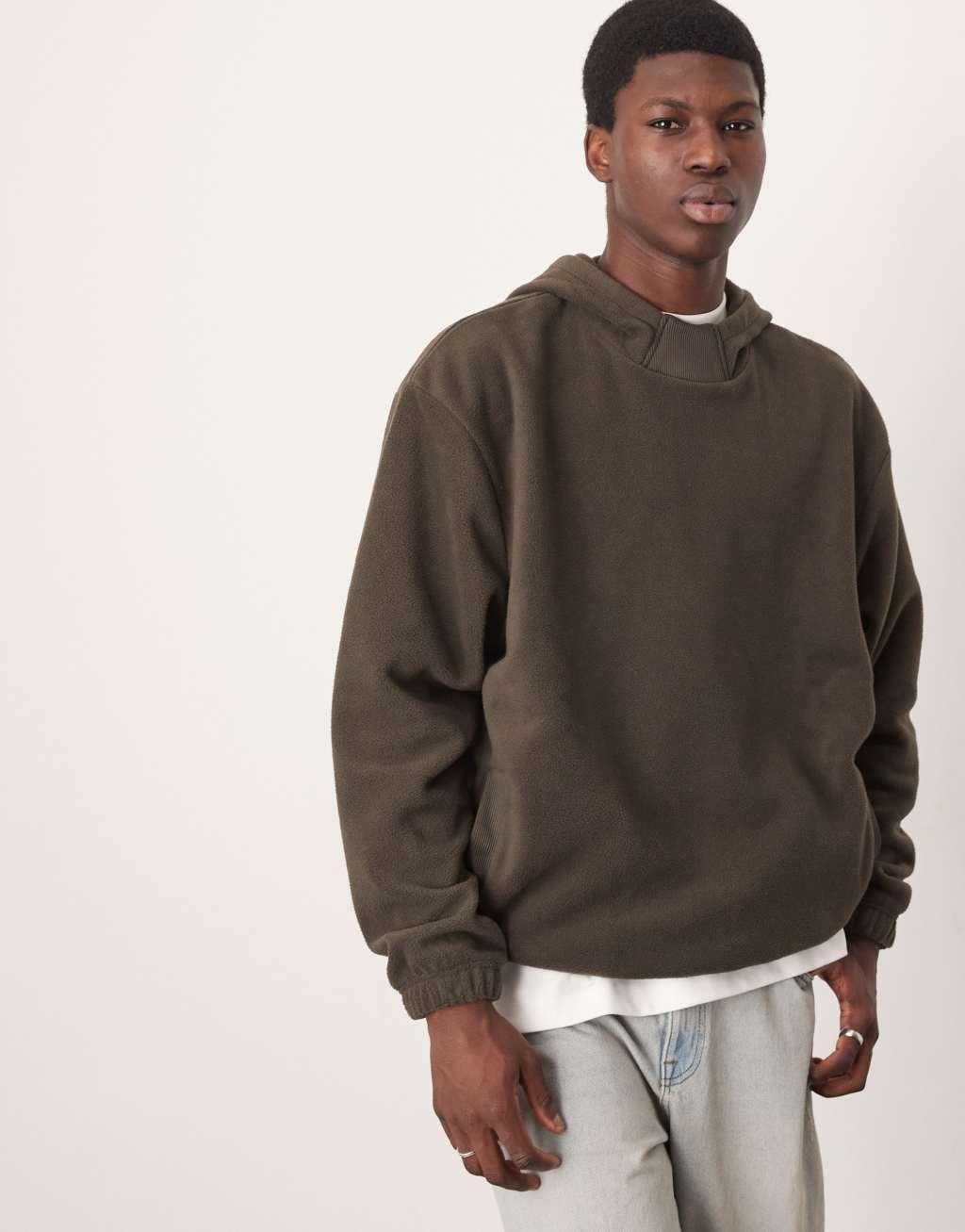 ASOS DESIGN oversized fleece hoodie with funnel neck in dark green Product Image