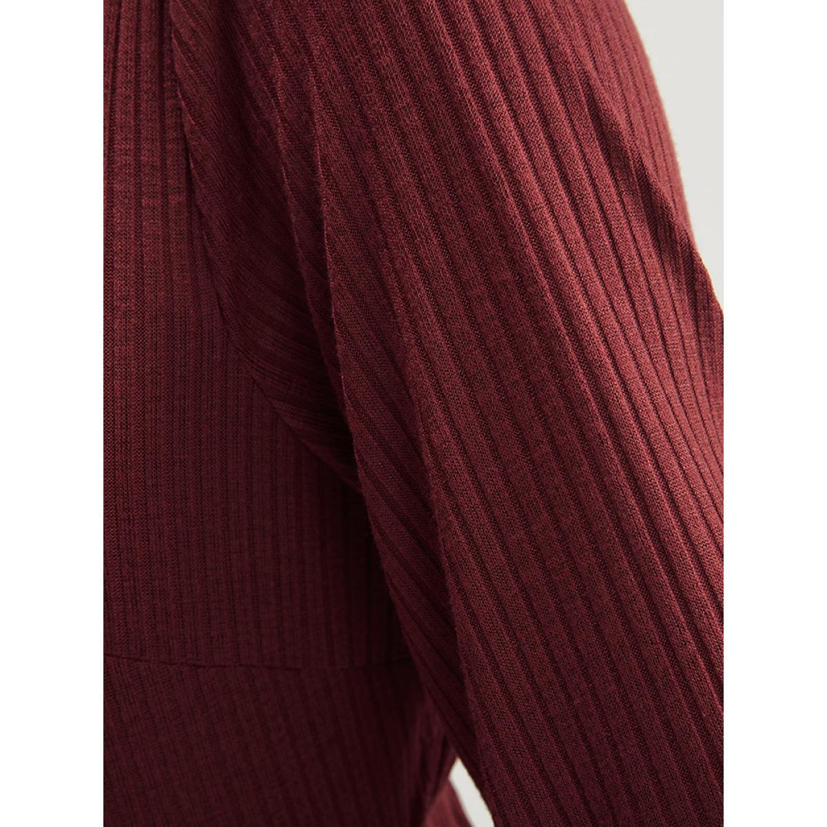 Plus Size Solid Lantern Sleeve Tie Neck Pocket Rib Knit Dress Burgundy Women Casual Pocket V-neck Long Sleeve Curvy Midi Dress BloomChic 10/M Product Image