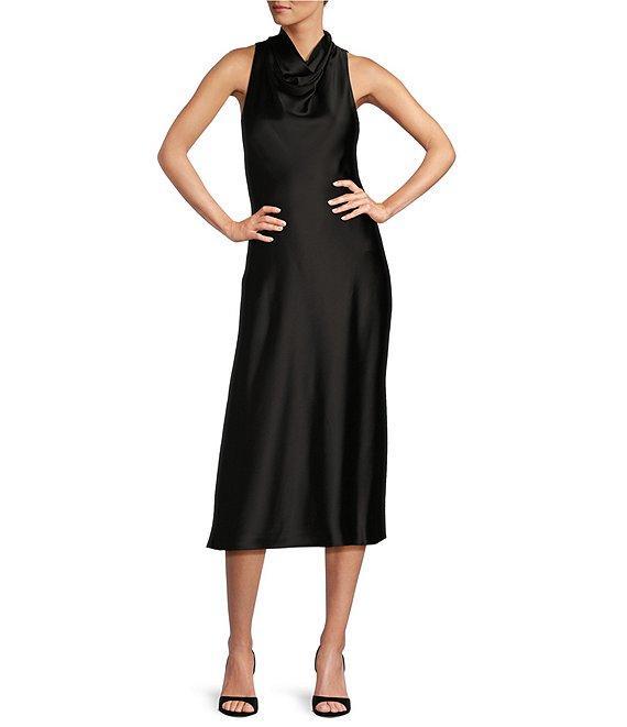 Antonio Melani Marine Satin Halter Cowl Neck Sleeveless Midi Slip Dress Product Image