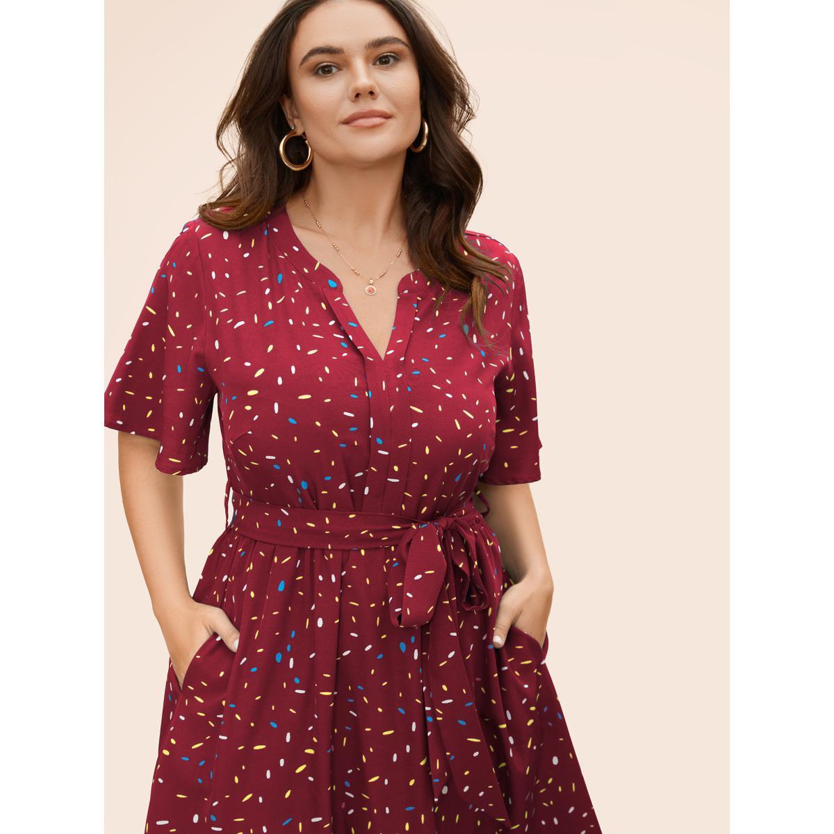 Plus Size Split Neck Confetti Print Midi Dress Burgundy Women Elegant Belted Notched collar Short sleeve Curvy BloomChic 30/6X Product Image