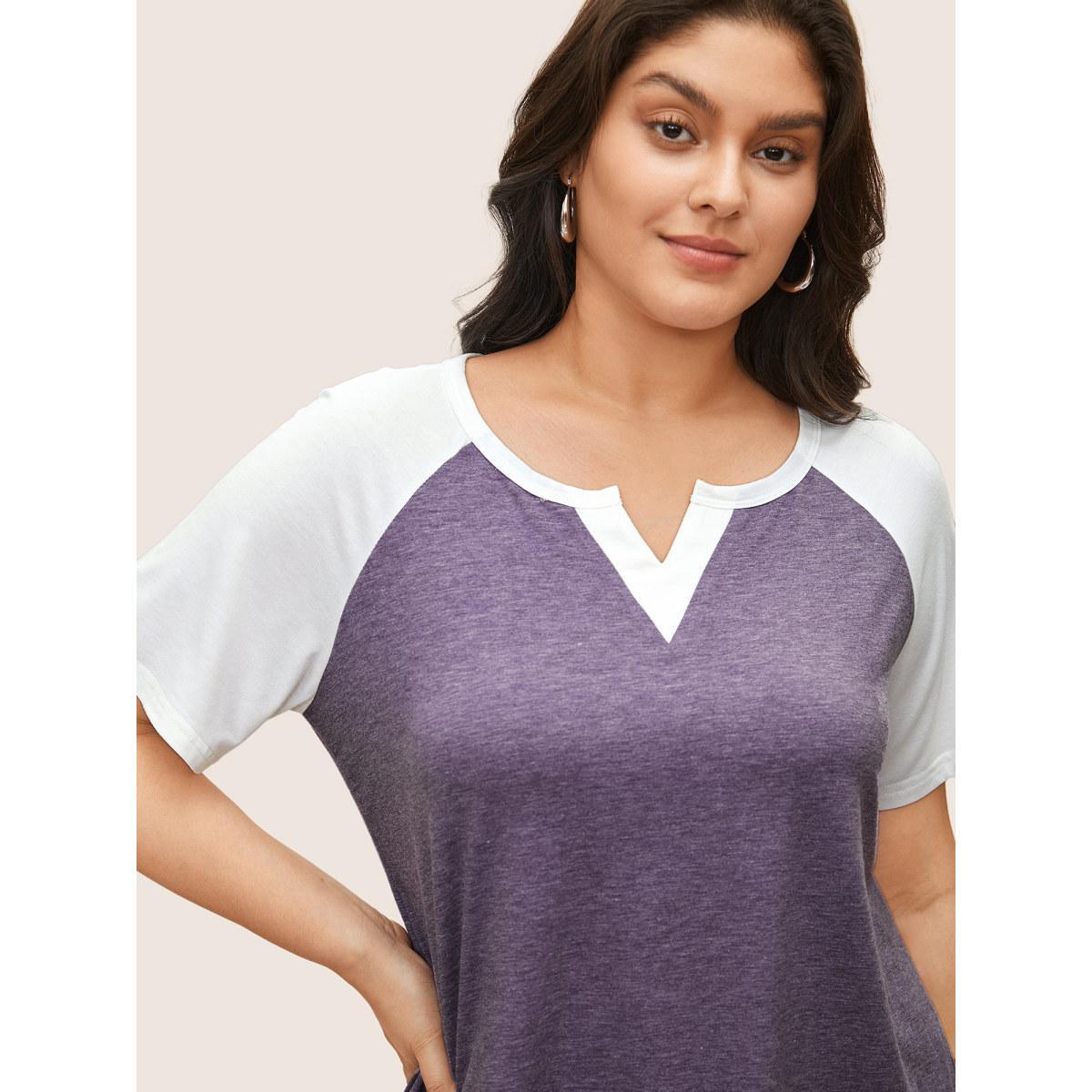 Plus Size Colorblock Contrast Notched Raglan Sleeve T-shirt Mauve Women Casual Plain Everyday T-shirts BloomChic 12/L Product Image