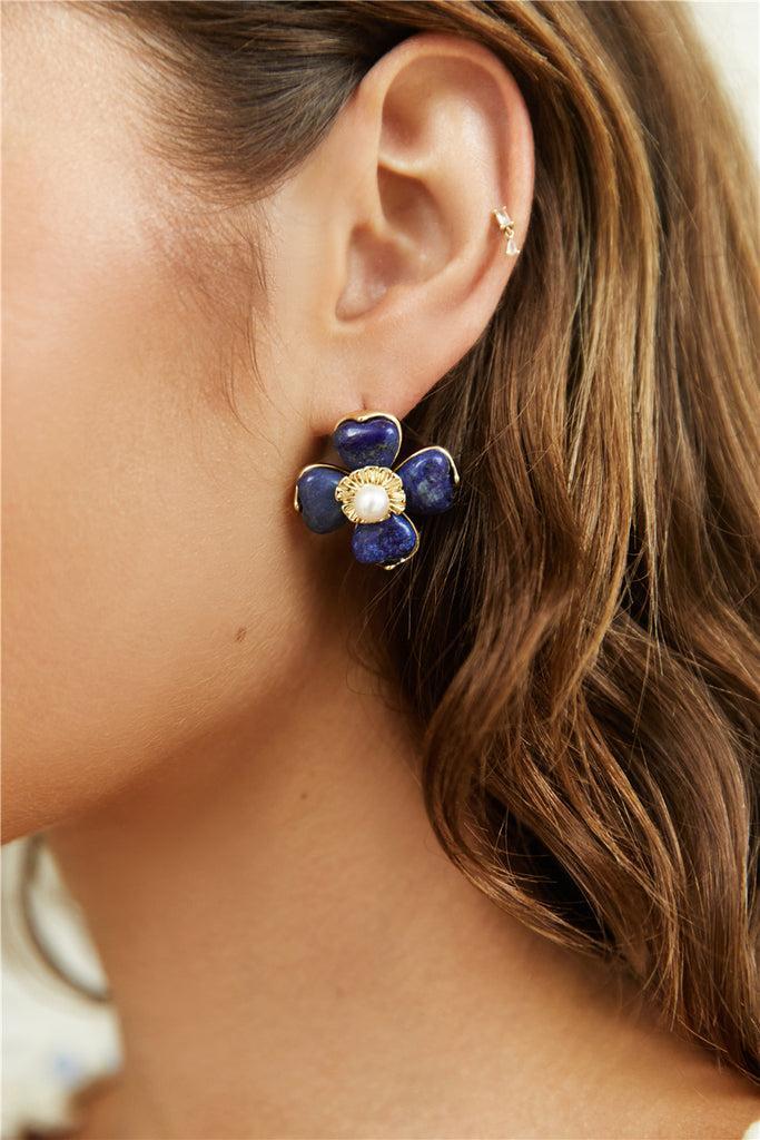 18K Gold Plated Blue Beauty Flower Earrings Gold Product Image