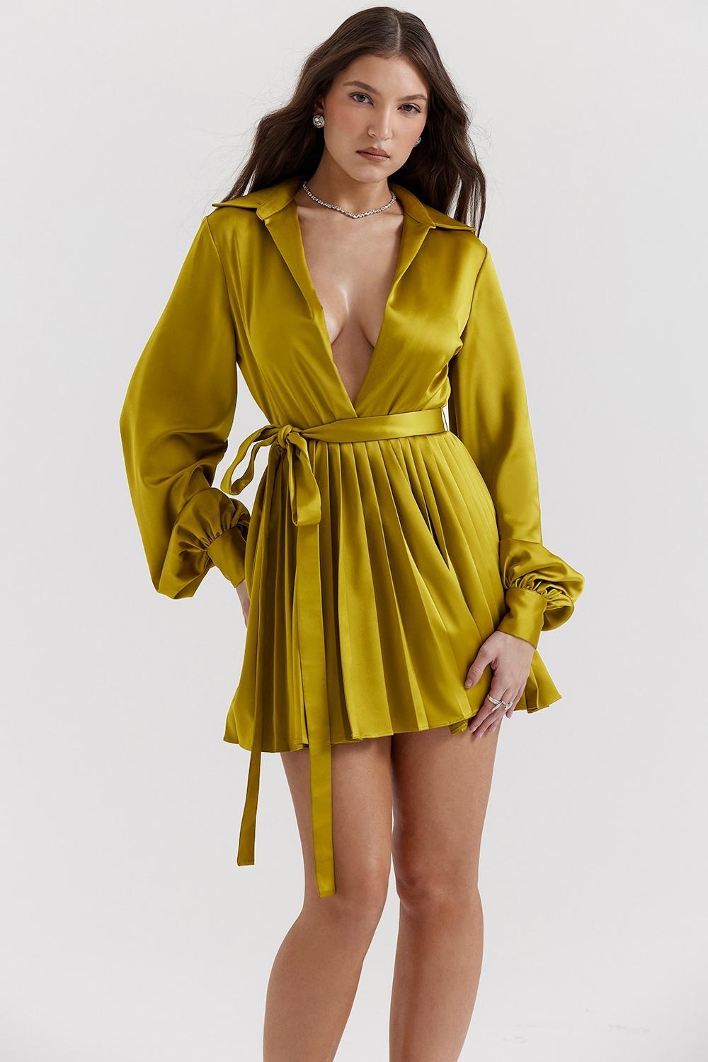 Allegra Chartreuse Pleated Shirt Dress Product Image