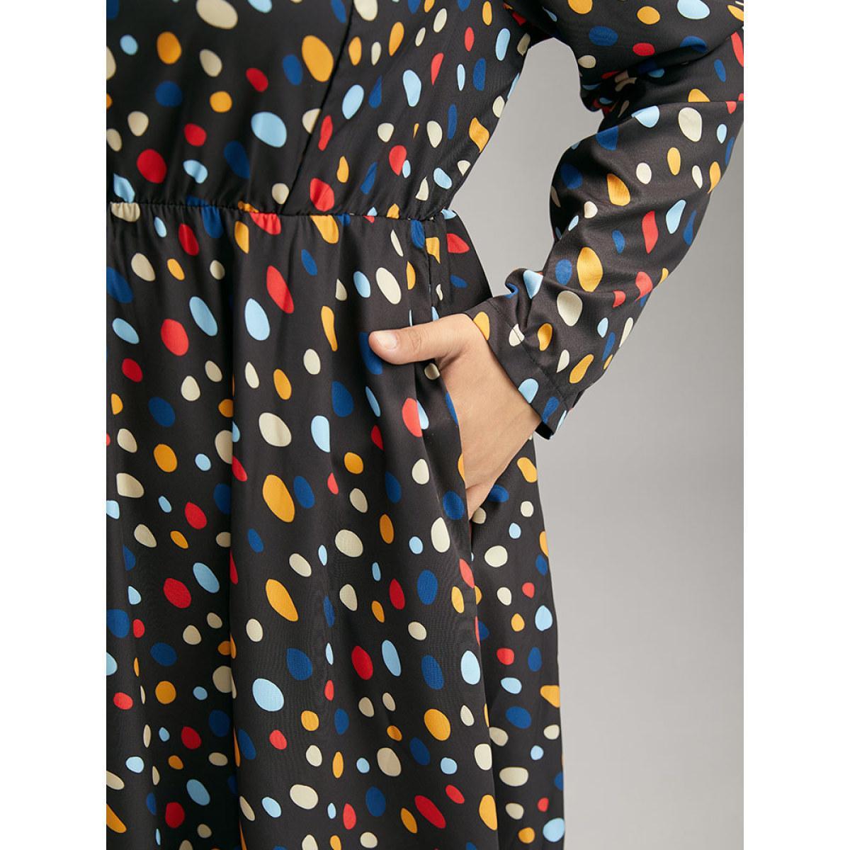 Plus Size Contrast Polka Dot Pocket Long Sleeve Dress Black Women Elegant Printed Square Neck Long Sleeve Curvy Midi Dress BloomChic 30/6X Product Image
