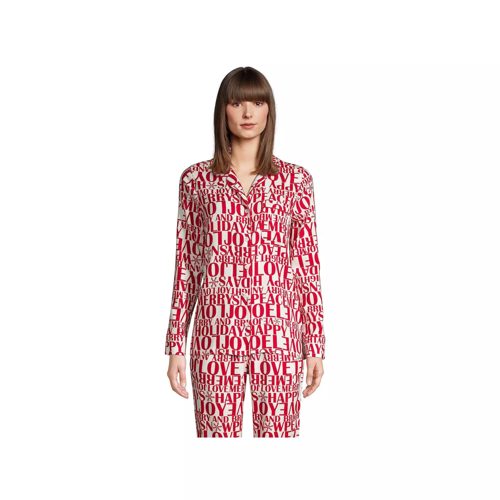 Women's Lands' End Long Sleeve Flannel Pajama Top, Size: Medium, Ivory Greetings Product Image