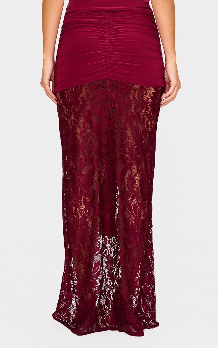 Burgundy Contrast Drape Detail Lace Maxi Skirt Product Image