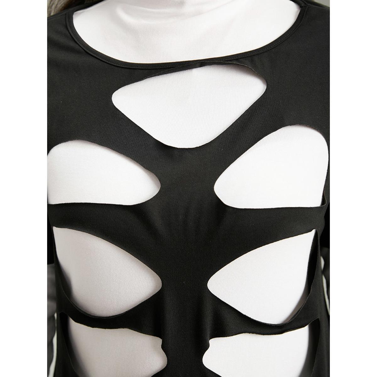 Plus Size Halloween Solid Distressed T-shirt Black Women Casual Plain Plain Keyhole Cut-Out Festival-Halloween T-shirts BloomChic 22-24/3X Product Image