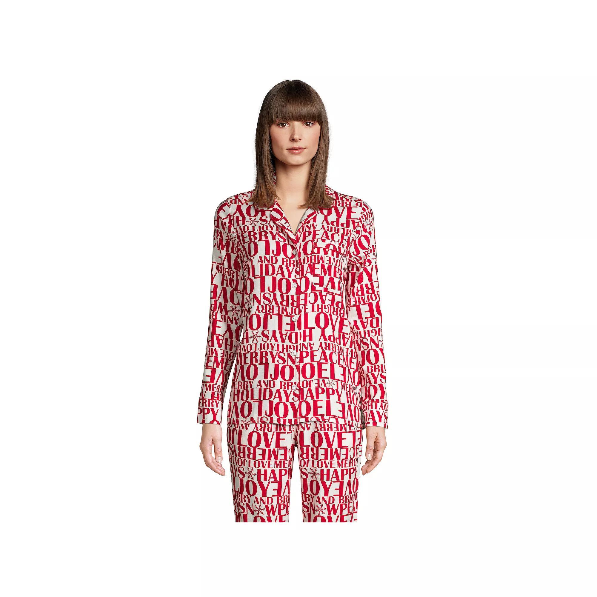 Women's Lands' End Long Sleeve Flannel Pajama Top, Size: Medium, Ivory Greetings Product Image