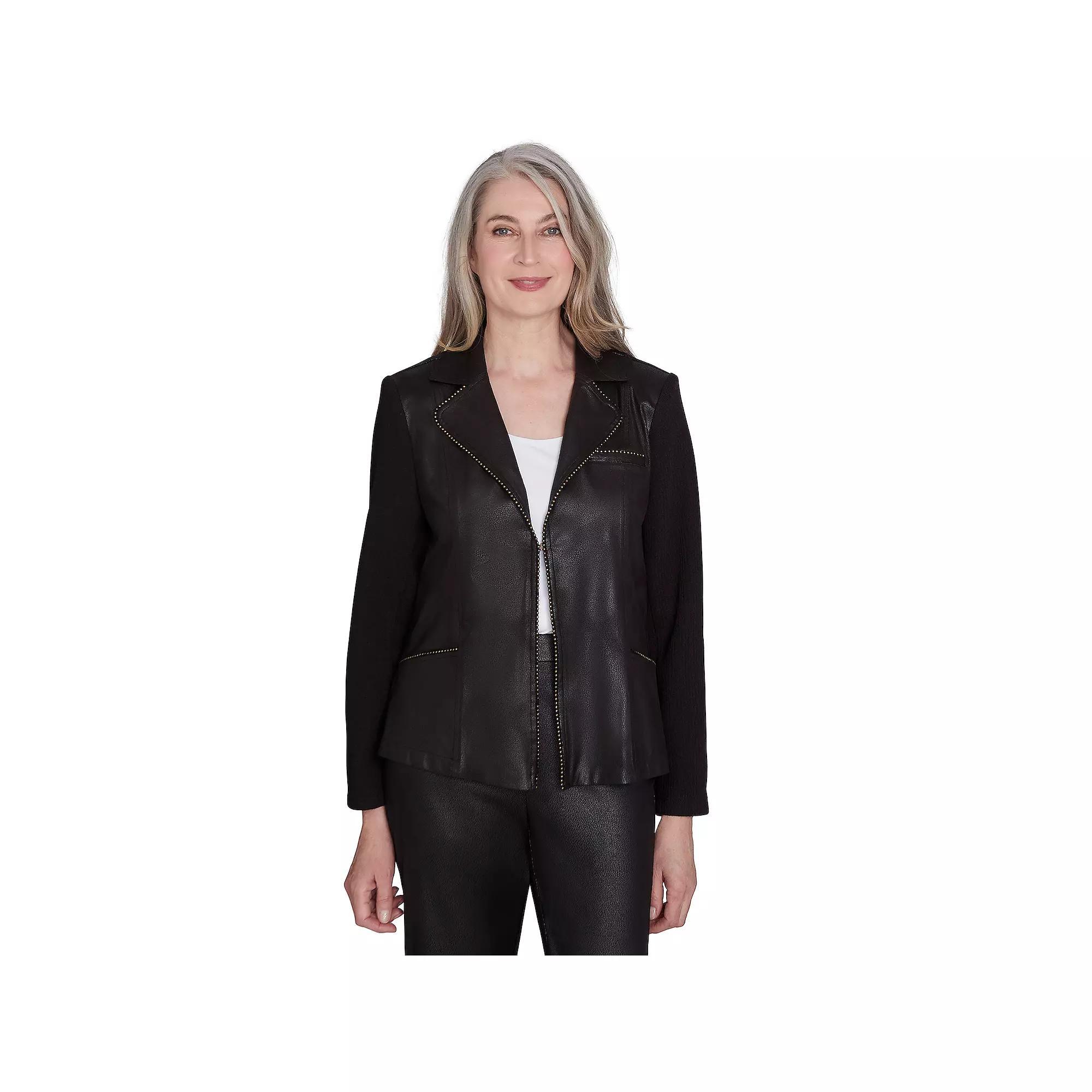 Womens Alfred Dunner Open Front Faux Leather Jacket with Knit Sleeves Product Image