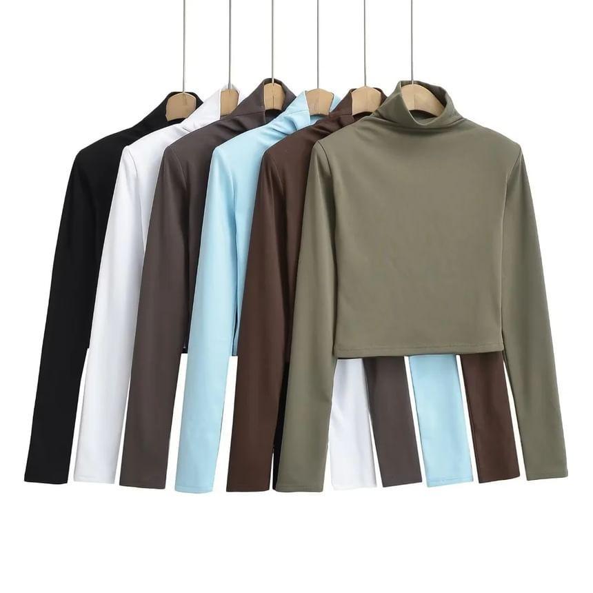 Long-Sleeve Turtleneck Plain Crop Top Product Image
