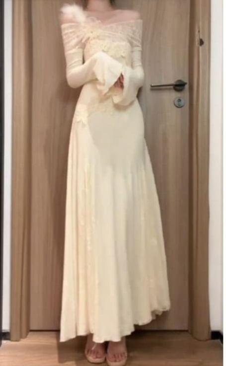 Long Sleeve Cold Shoulder Plain Floral Applique Lace Panel Knit Maxi A-Line Dress Product Image
