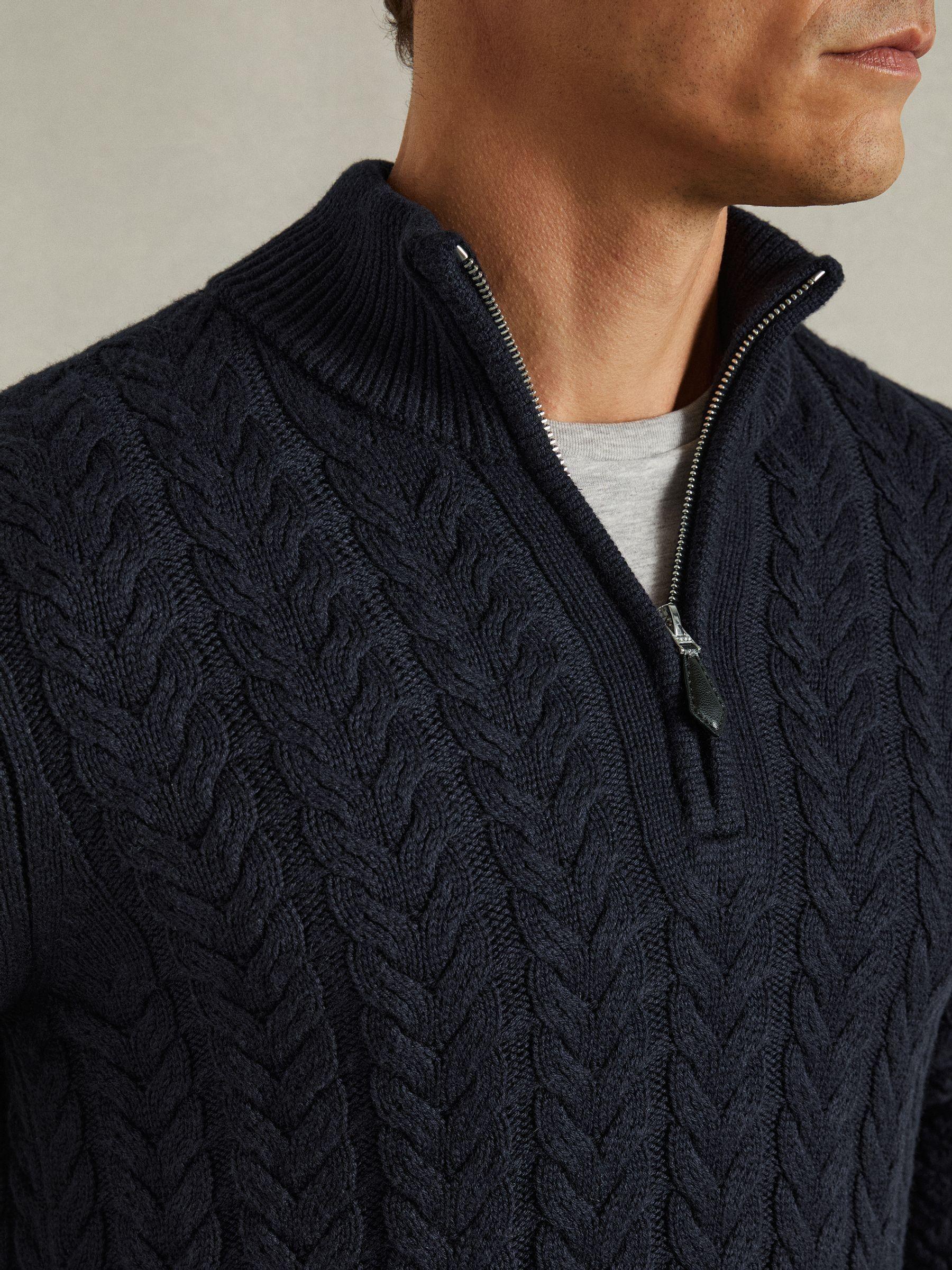 Cabled Zip-Neck Jumper with Cotton and Wool in Navy Product Image