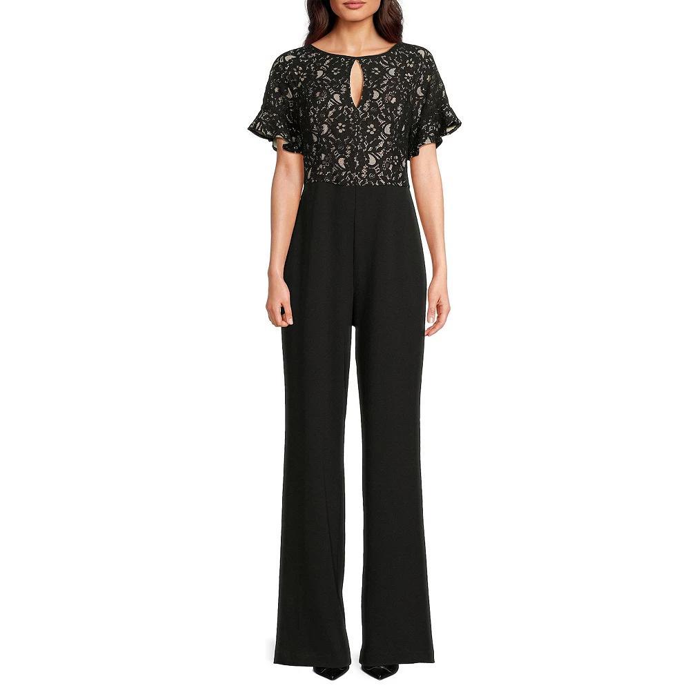 Women's Focus By Shani Ruffle Sleeve Lace Jumpsuit, Size: 6, Black Nude Product Image
