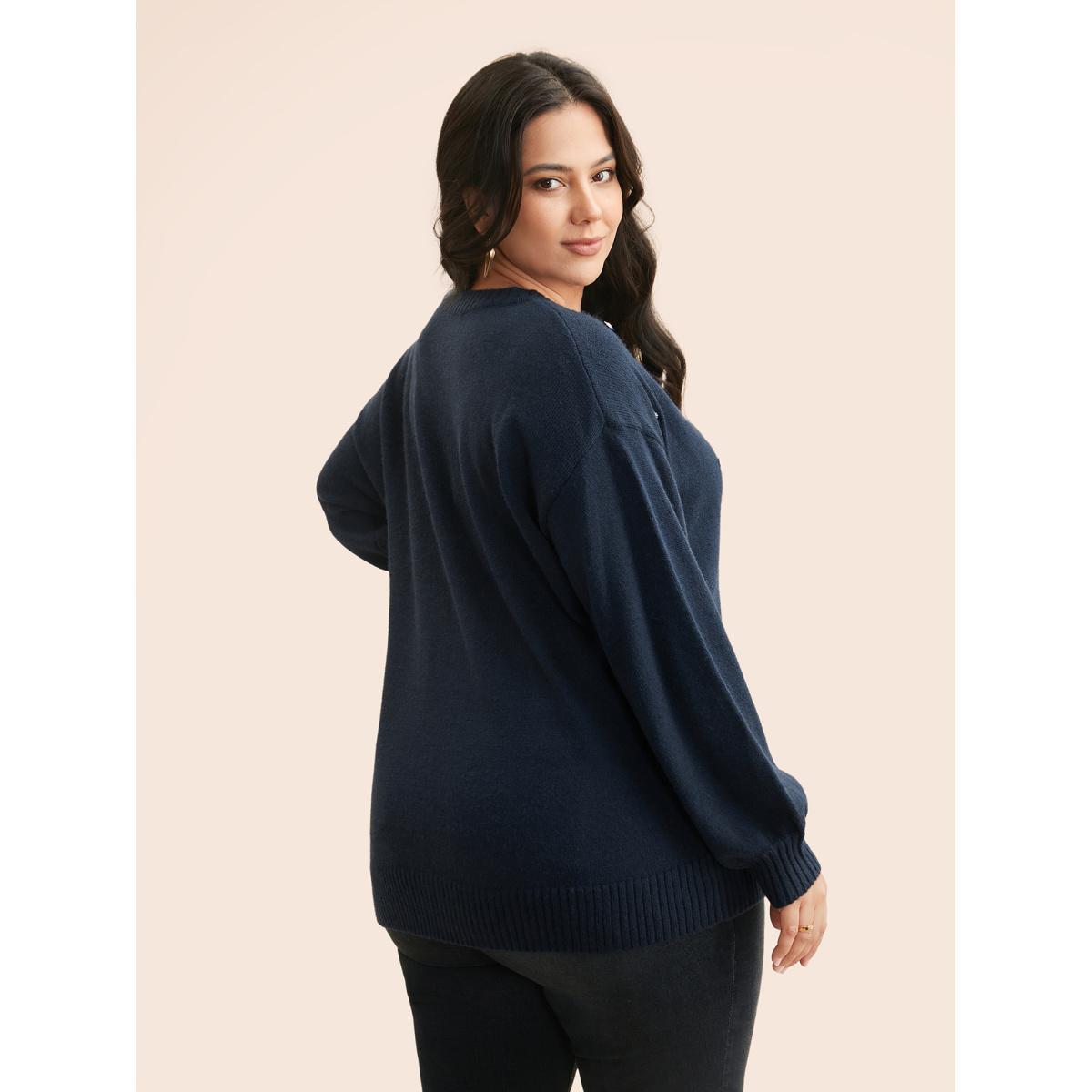 Plus Size Rhinestone Decor Dropped Shoulder Pullover Indigo Women Casual Loose Long Sleeve Round Neck Everyday Pullovers BloomChic 10/M Product Image