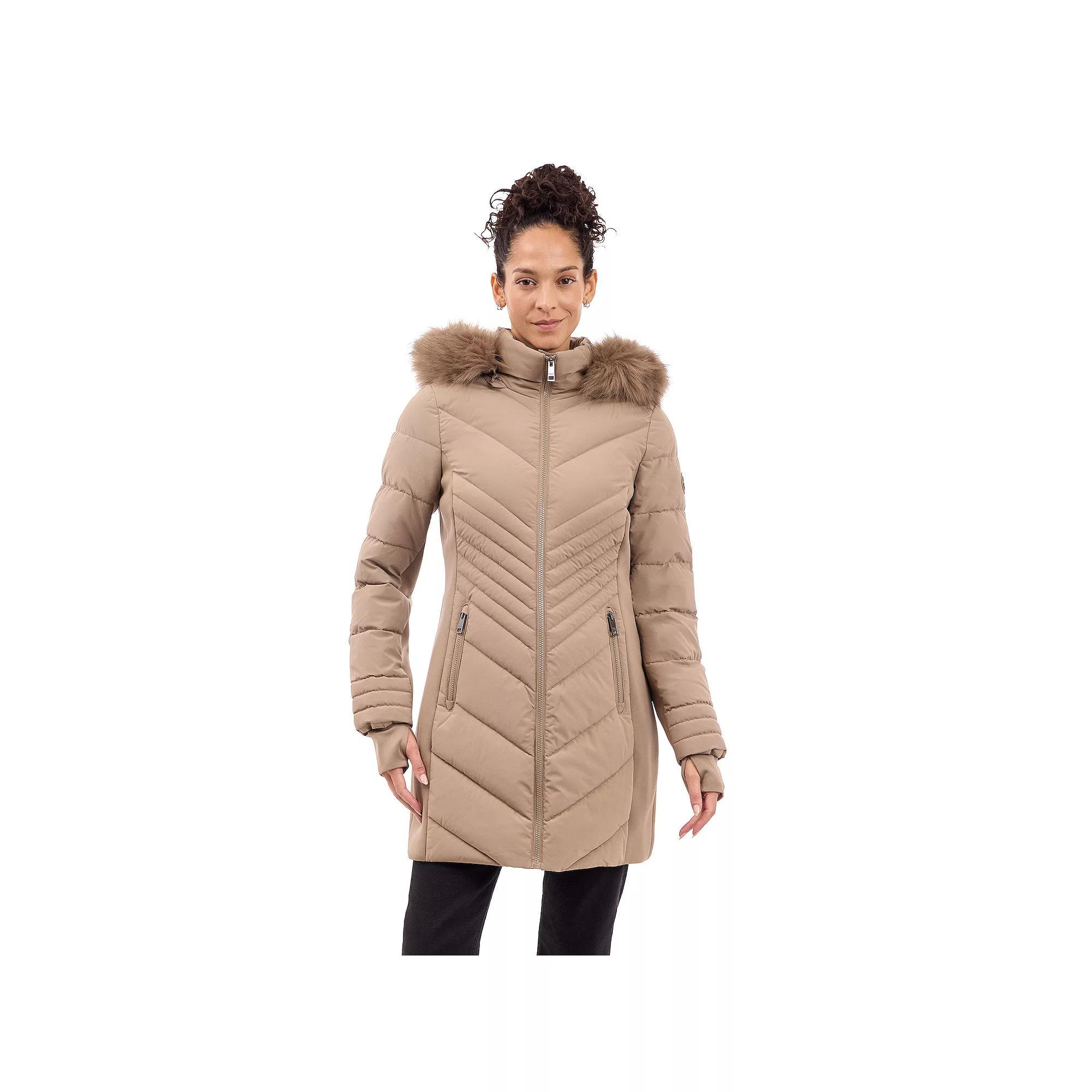 Women's London Fog Faux Fur Trimmed Hooded Puffer Jacket, Size: XL, Brown Product Image