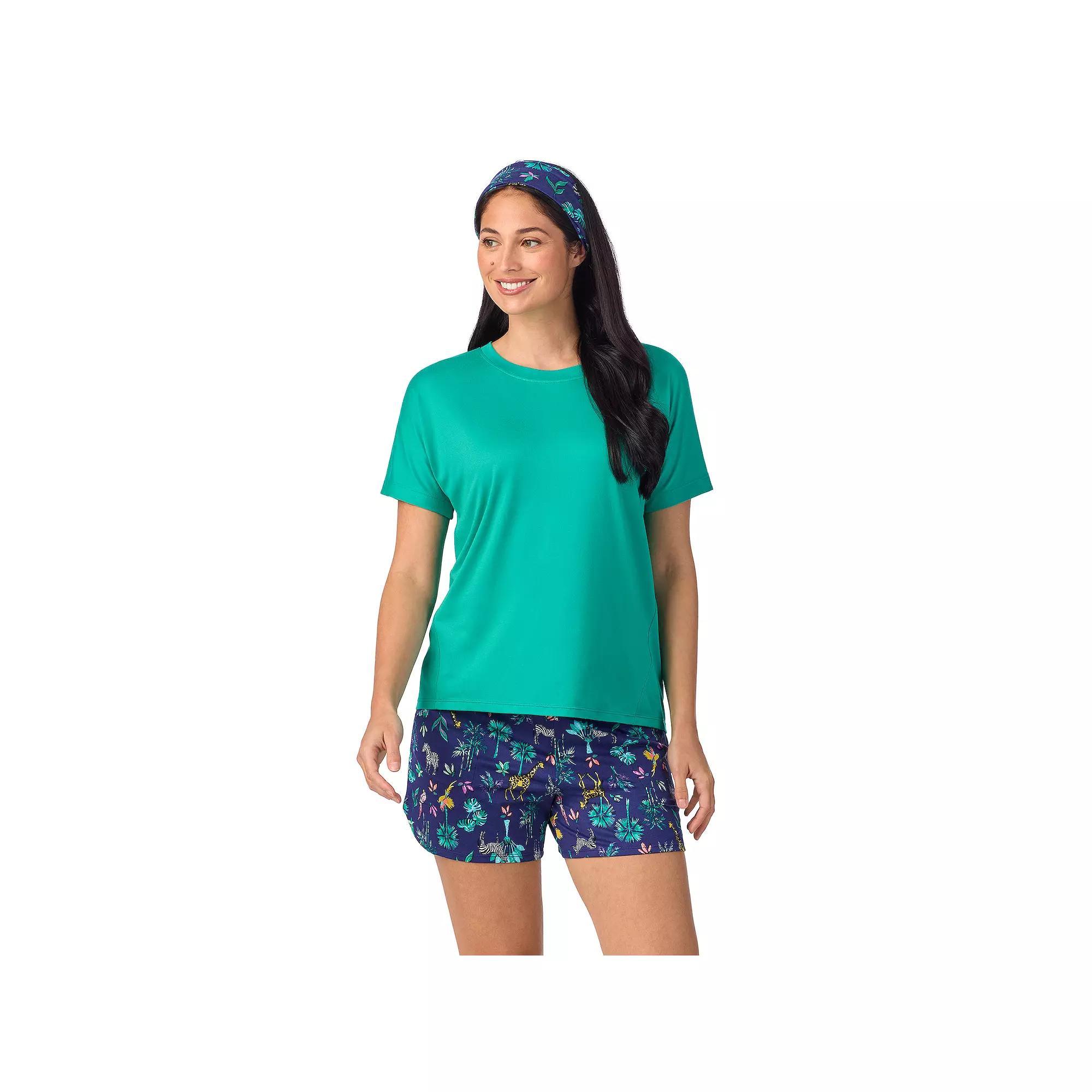 Women's Cuddl Duds® Short Sleeve Pajama Top & Pajama Shorts Set with Matching Headband, Size: Medium, Blue Jungle Product Image