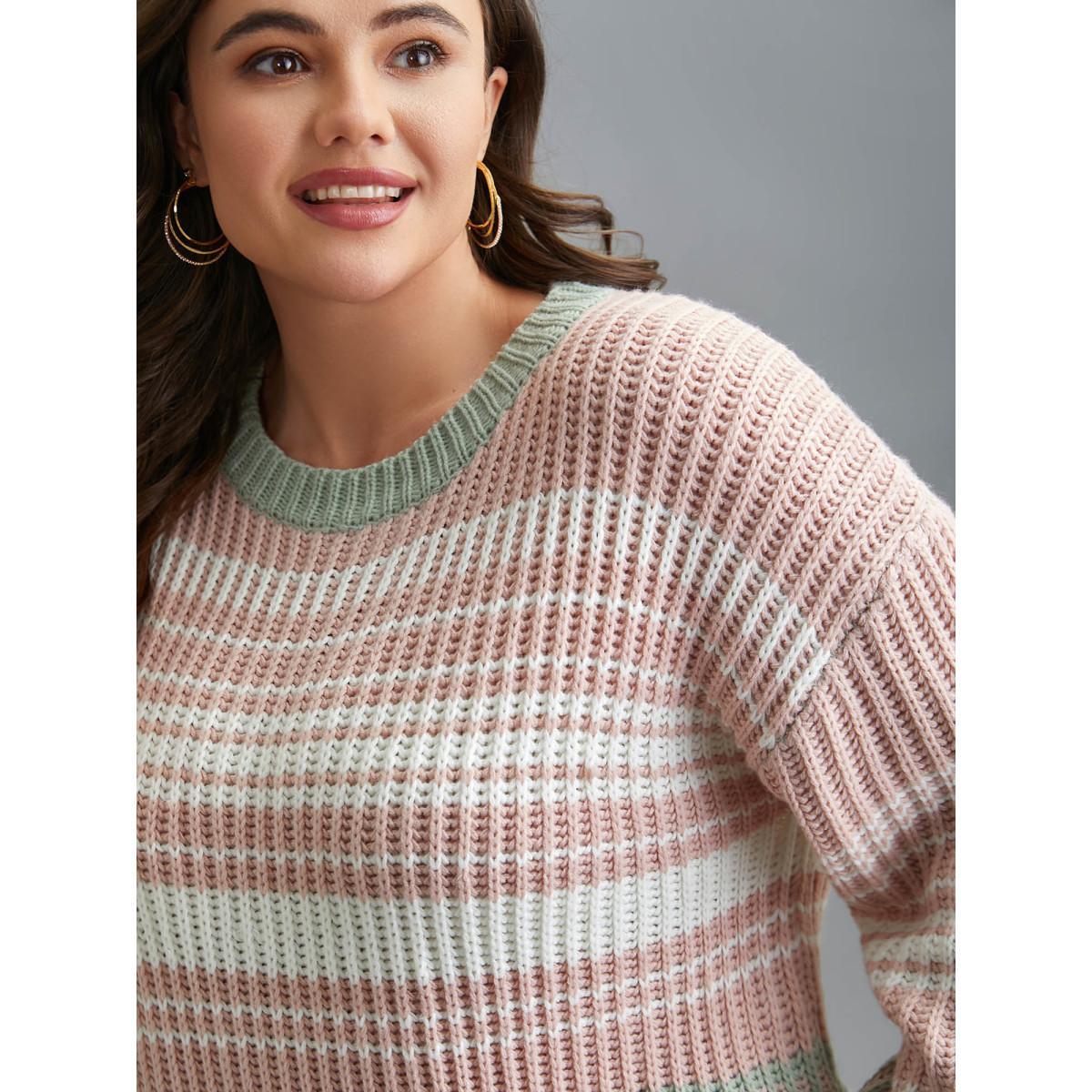 Plus Size Striped Contrast Colors Ribbed Pullover Greenbean Women Casual Loose Long Sleeve Round Neck Everyday Pullovers BloomChic 12/L Product Image