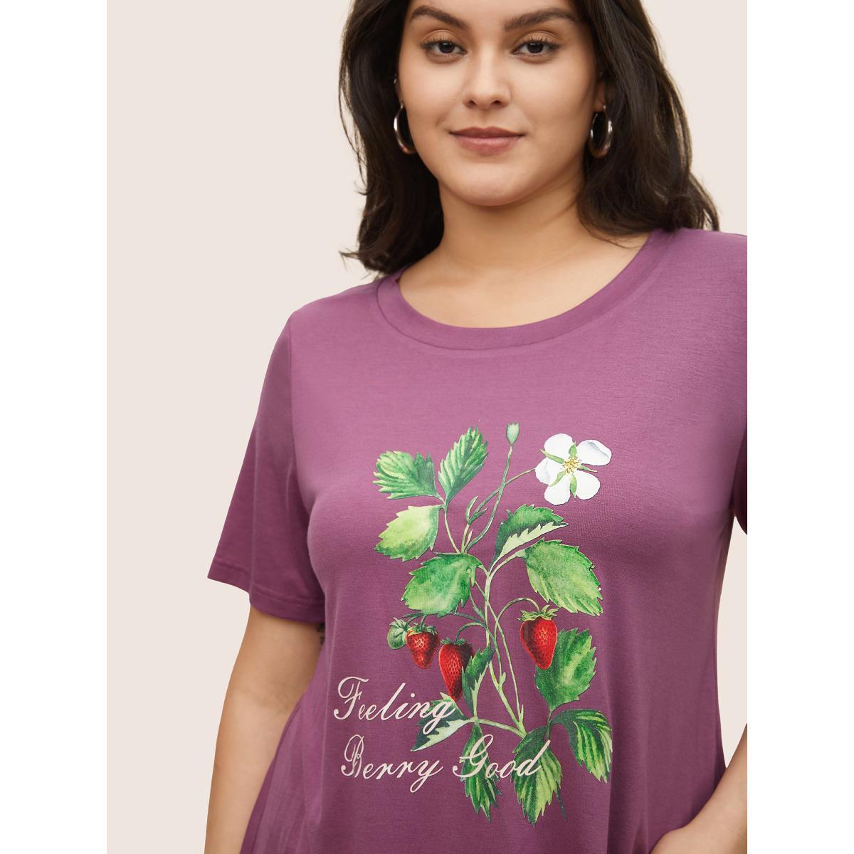Plus Size Strawberry Print Round Neck T-shirt Purple Women Casual Non Natural Flowers Everyday T-shirts BloomChic 26/4X Product Image