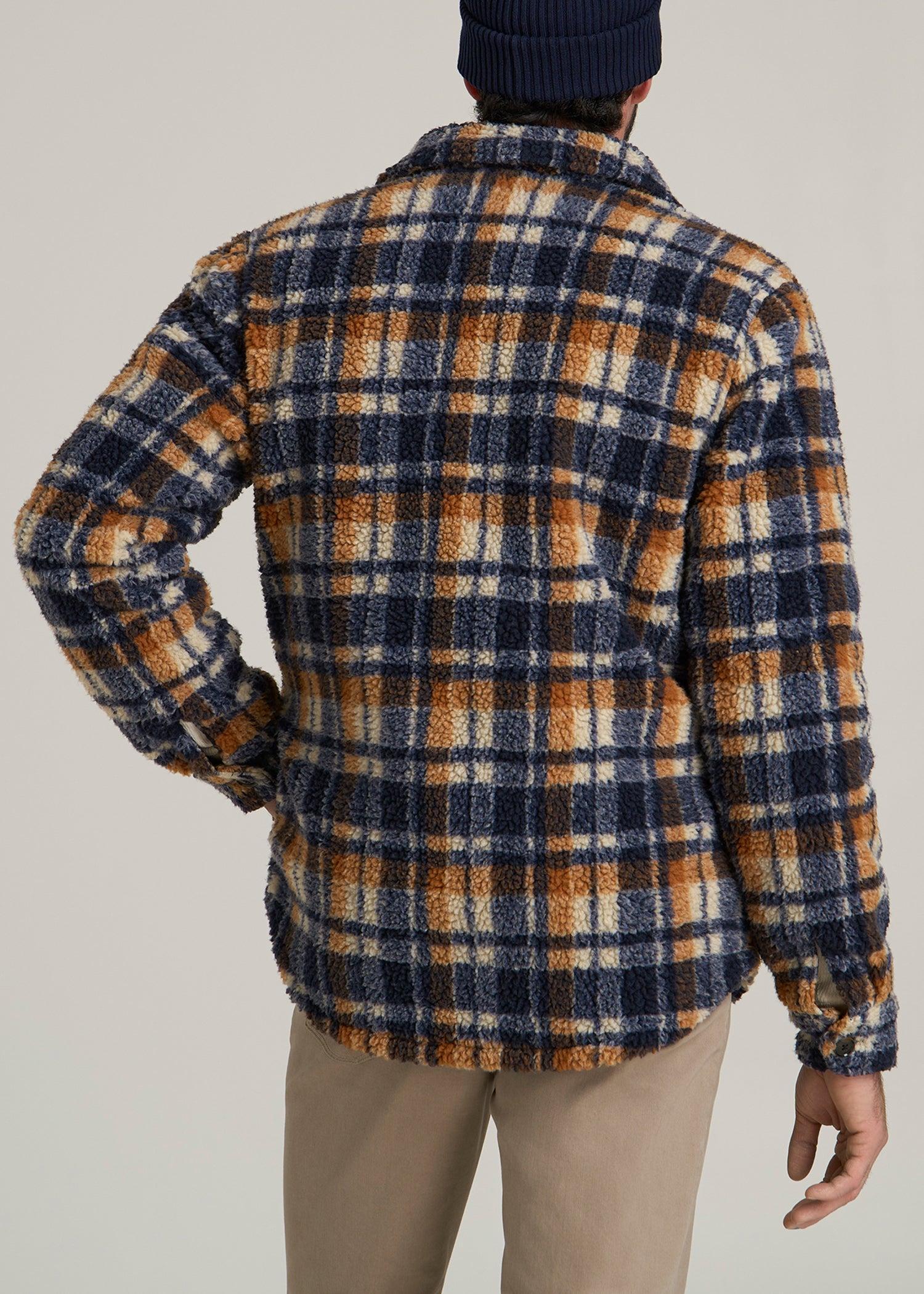 Tall Men's Sherpa Shirt Jacket in Dark Blue and Orange Plaid Product Image
