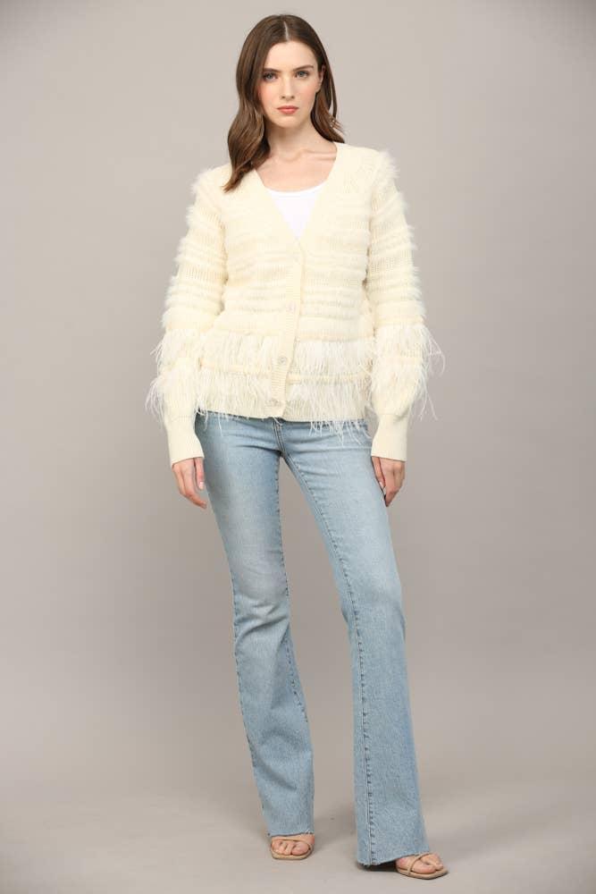Feather Trim Wool Blend Cardigan Product Image