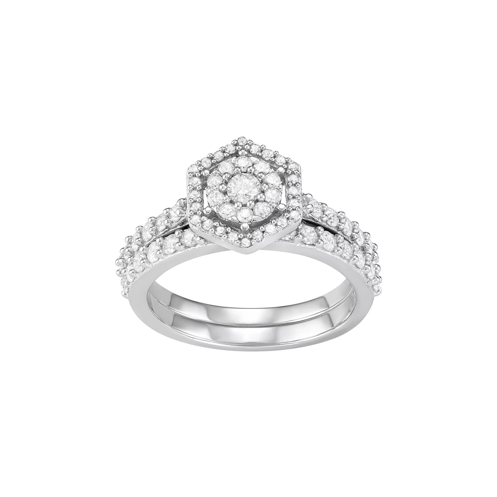 Jewelexcess 10k White Gold 1 Carat T.W. Diamond Tiered Halo Engagement Ring Set, Women's, Size: 6 Product Image