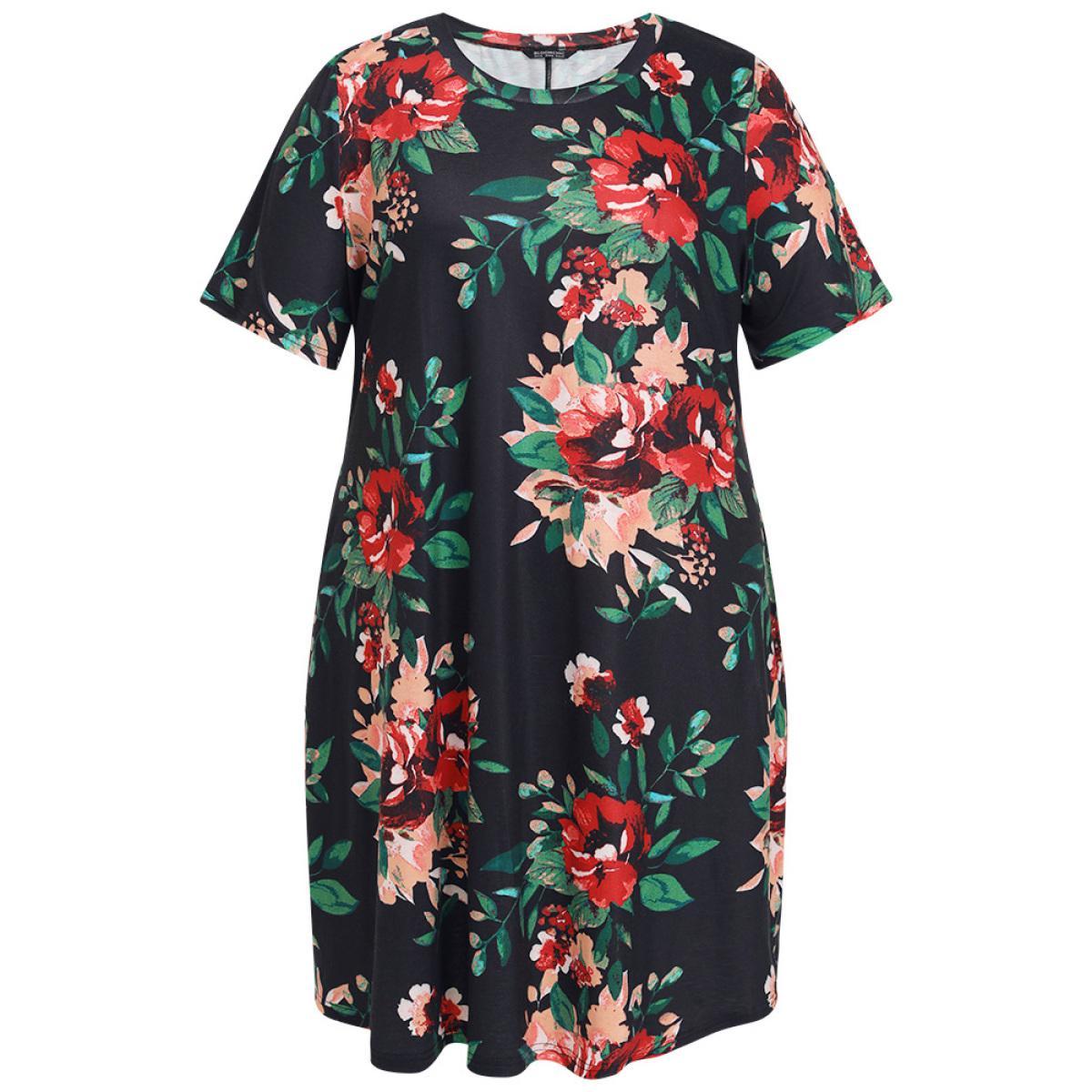 Plus Size Floral Print Pocket Midi Dress Black Women Casual Pocket Round Neck Short sleeve Curvy Midi Dress BloomChic 12/L Product Image