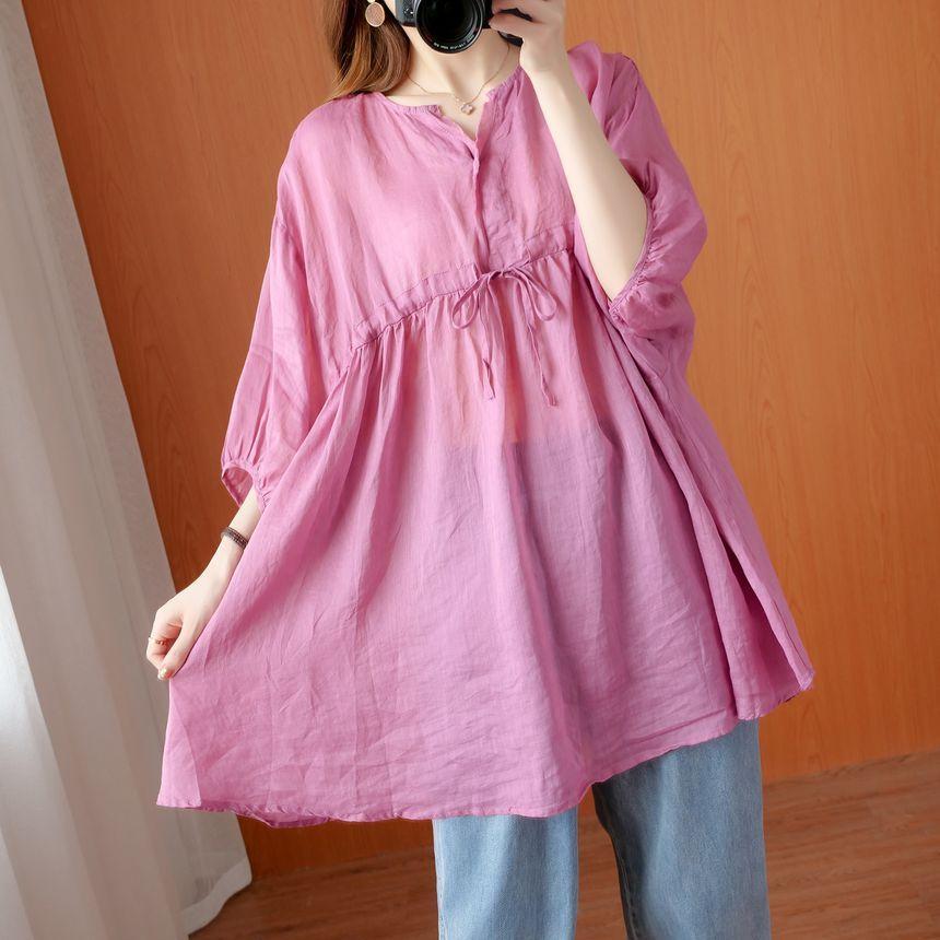 3/4-Sleeve Linen Blend Blouse Product Image