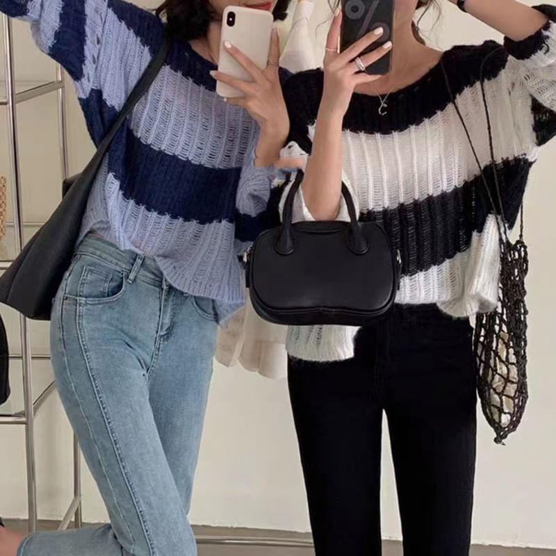 Long-Sleeve Crew Neck Striped Distressed Knit Top Product Image