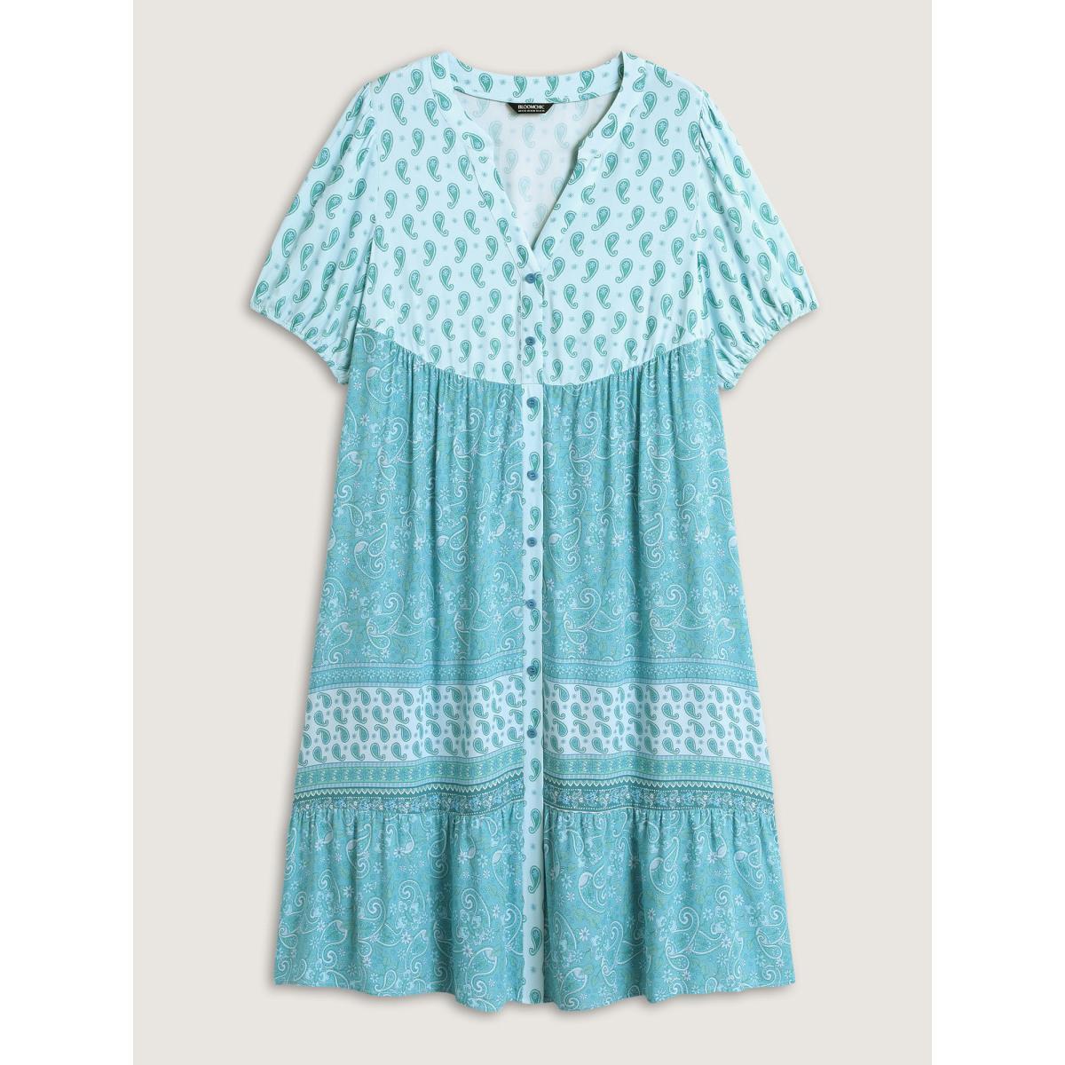 Plus Size Paisley Print Contrast Button Placket Midi Dress Mint Women Flat collar with V-notch Half Sleeve Curvy BloomChic 22-24/3X Product Image