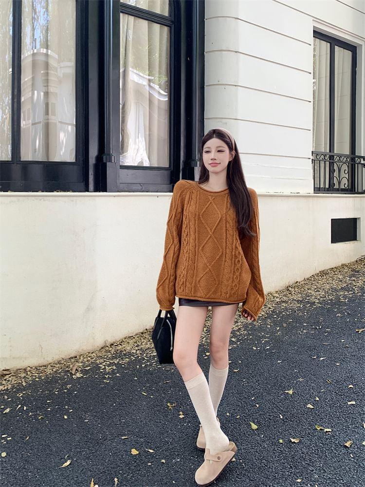 Crew Neck Plain Cable Knit Sweater Product Image