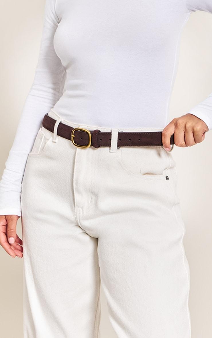 Chocolate Suede Skinny Belt with Brushed Gold Hardware Product Image