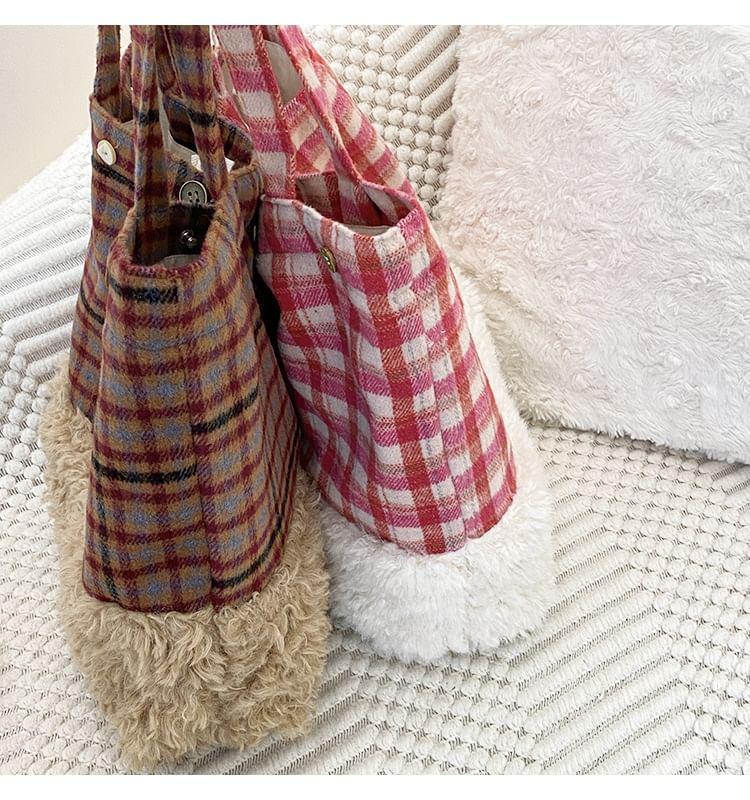 Plaid Fleece Panel Tote Bag Product Image
