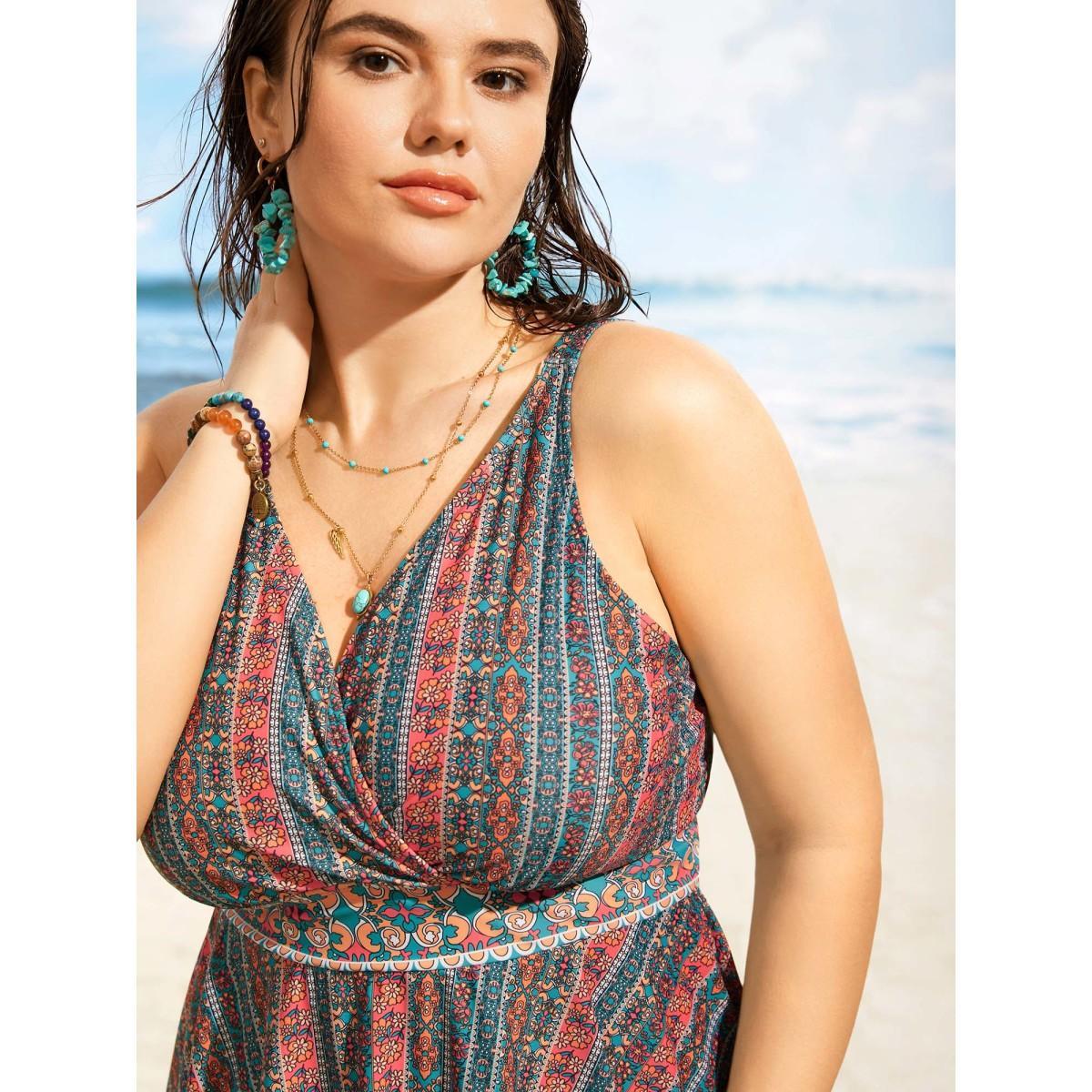 Plus Size Overlap Collar Bandana Print Patchwork Swim Dress Women's Swimwear Crimson Beach Bodycon V-neck High stretch Curve Swim Dresses BloomChic 12/L Product Image