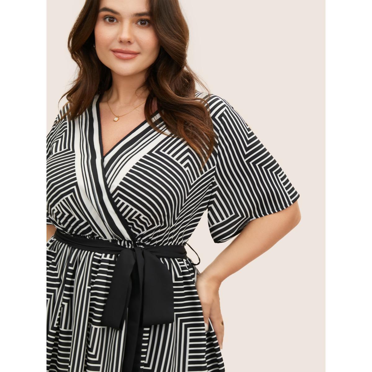 Plus Size Black Geometric Striped Overlap Collar Pocket Blouse Women Workwear Essentials Short sleeve Overlap Collar Work Blouses BloomChic 18-20/2X Product Image