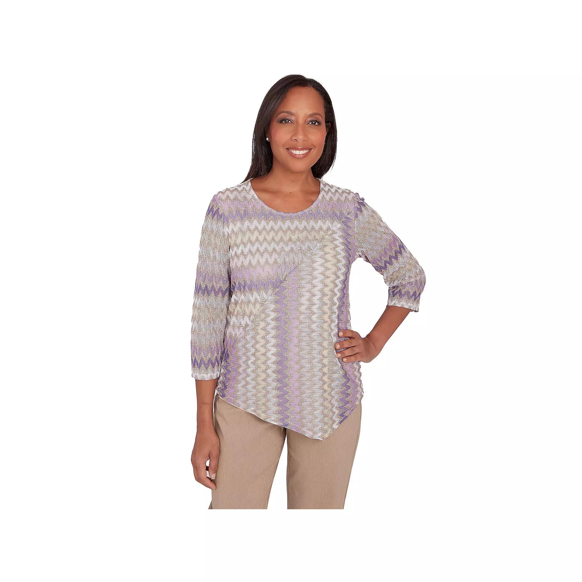 Petite Alfred Dunner Sparkly Zig Zag Stripe 3/4-Sleeve Top, Women's, Size: Small Petite, Multi Purple Product Image