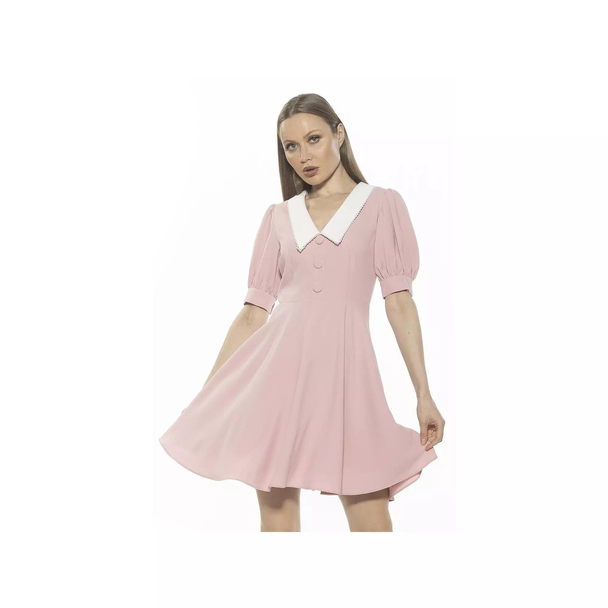 Women's ALEXIA ADMOR Carys Dropped Collar Puff Sleeve Fit And Flare Dress, Size: 10, Pink Product Image