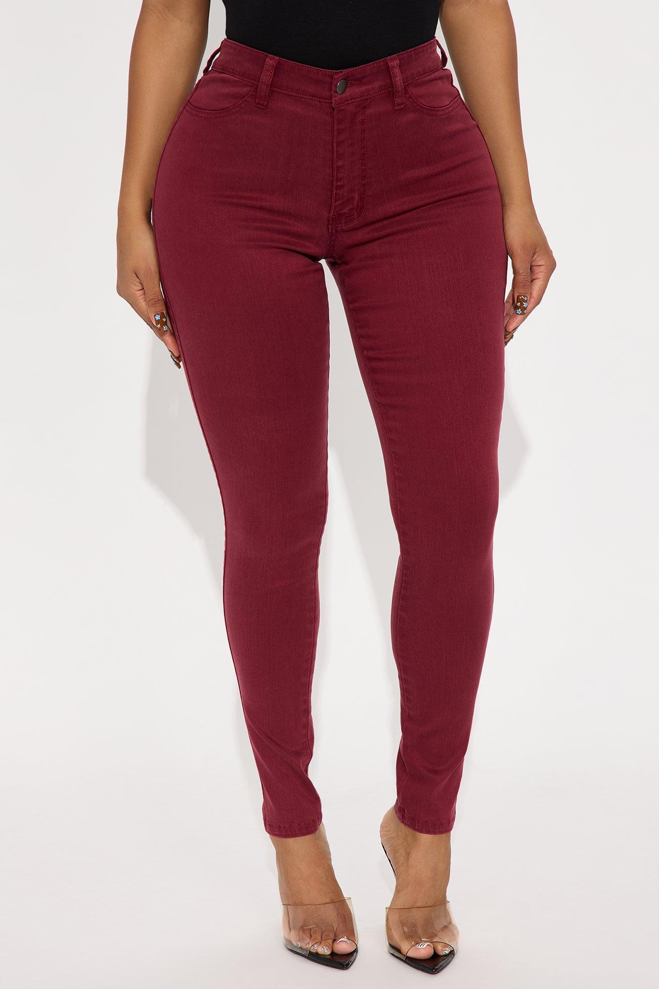 Classic Mid Waist Soft Stretch Skinny Jeans - Burgundy Product Image