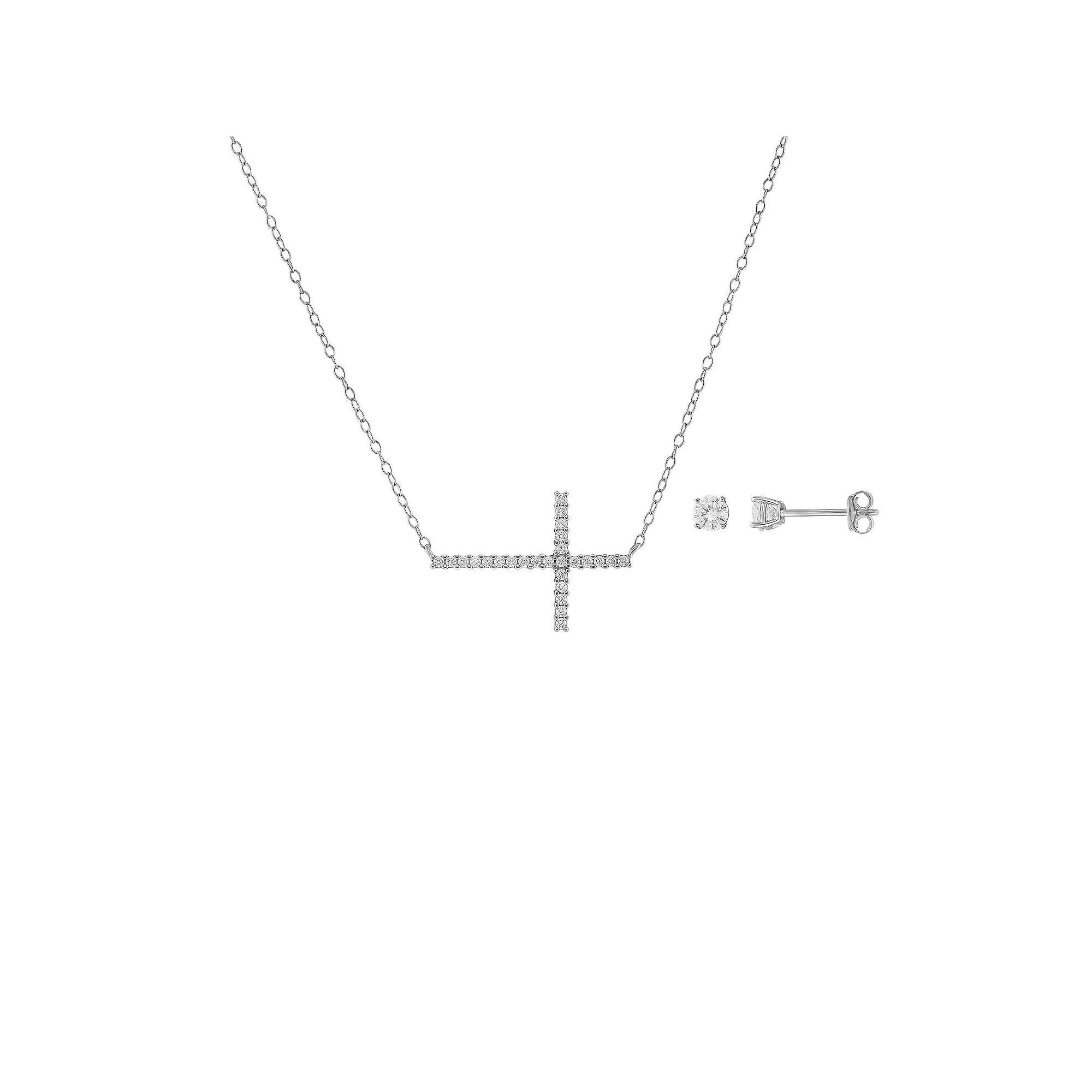 PRIMROSE Sterling Silver Cubic Zirconia Cross Necklace & Stud Earrings Set, Women's, Size: 18", Silver Tone White Product Image