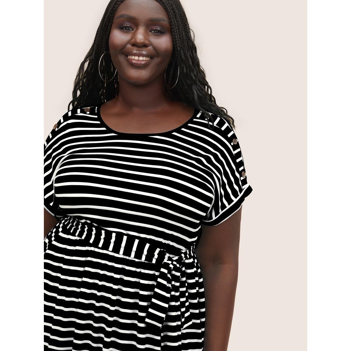 Plus Size Supersoft Essentials Striped Dolman Sleeve Belted Dress Black Women Casual Non Round Neck Short sleeve Curvy Midi Dress BloomChic 28/5X Product Image
