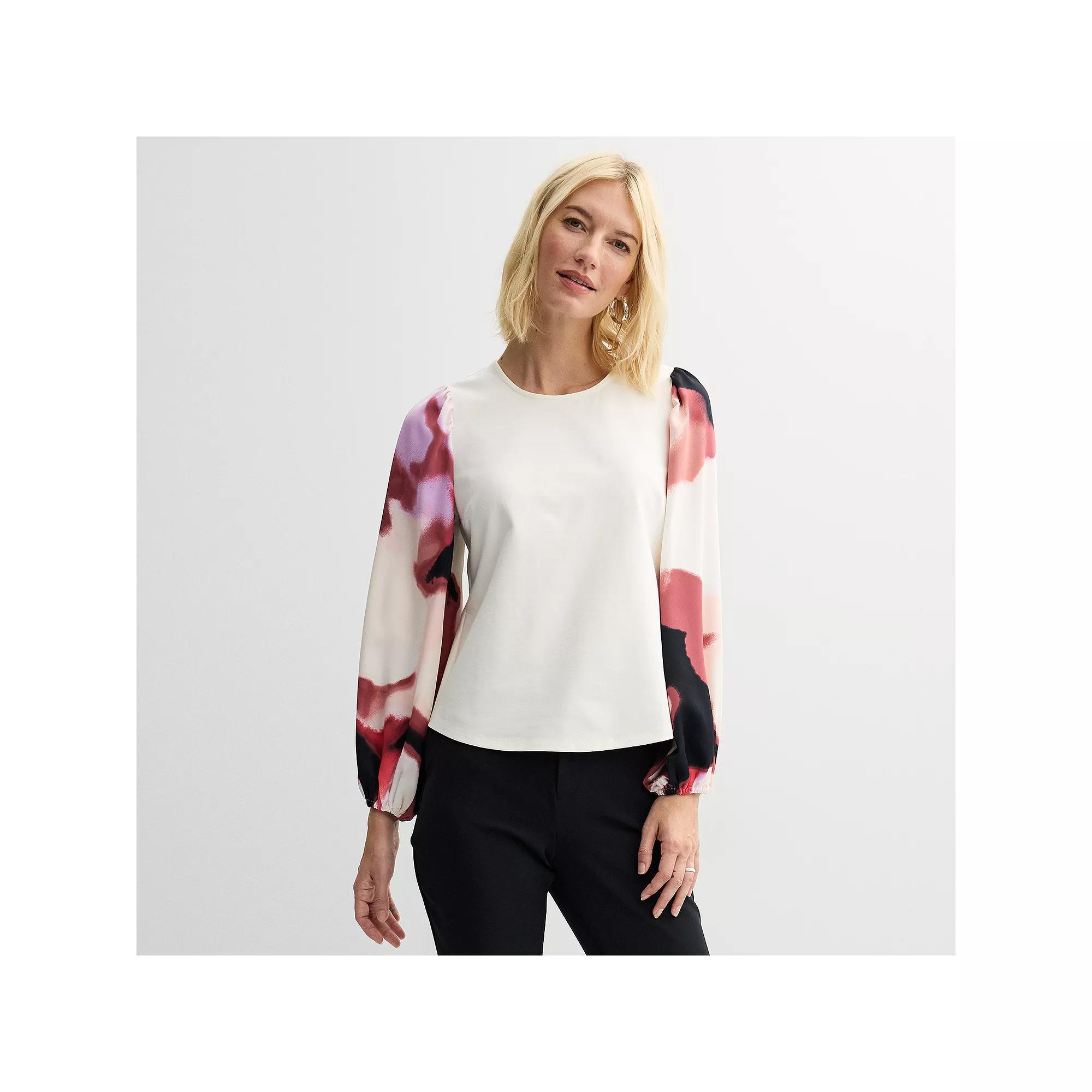 Women's Nine West Puff-Sleeve Mixed Media Top, Size: XS, Pink Krystal Wave Product Image