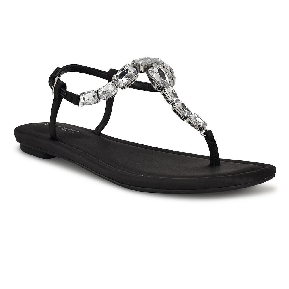 Nine West Dynasti Women's Square Toe Flat Embellished Sandals, Size: 7.5, Black Product Image
