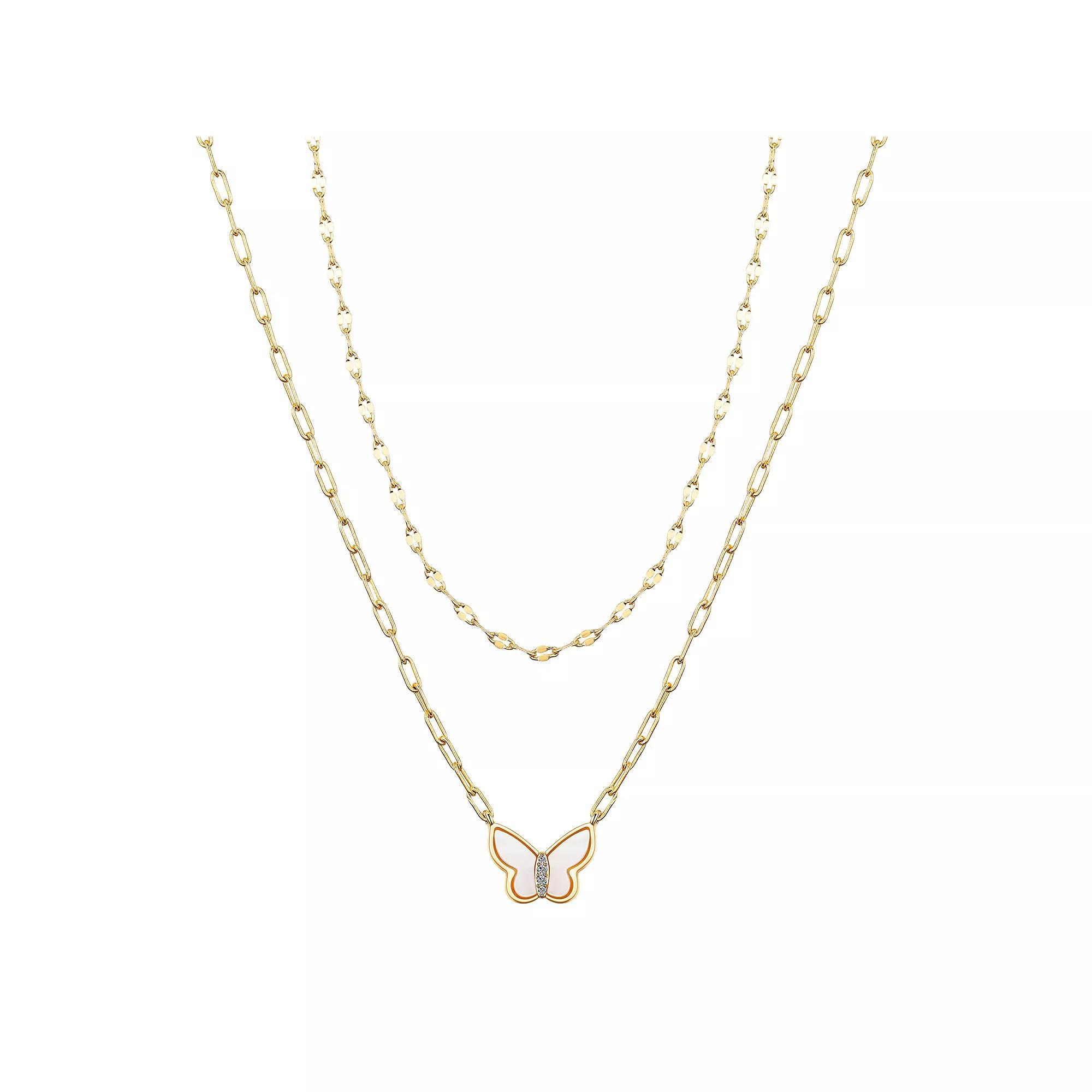 Love This Life® 14k Gold Flash Plated Cubic Zirconia & Mother-of-Pearl Butterfly Layered Necklace Duo Set, Women's, Size: 16/18+2", Gold Tone Product Image