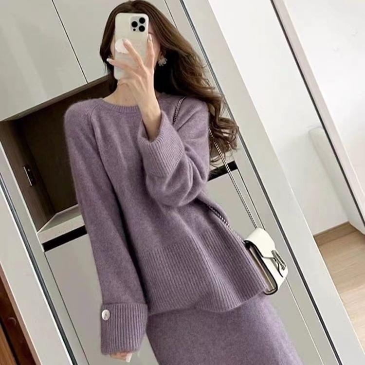 Set: Round Neck Plain Sweater + High Waist Midi Pencil Skirt Product Image