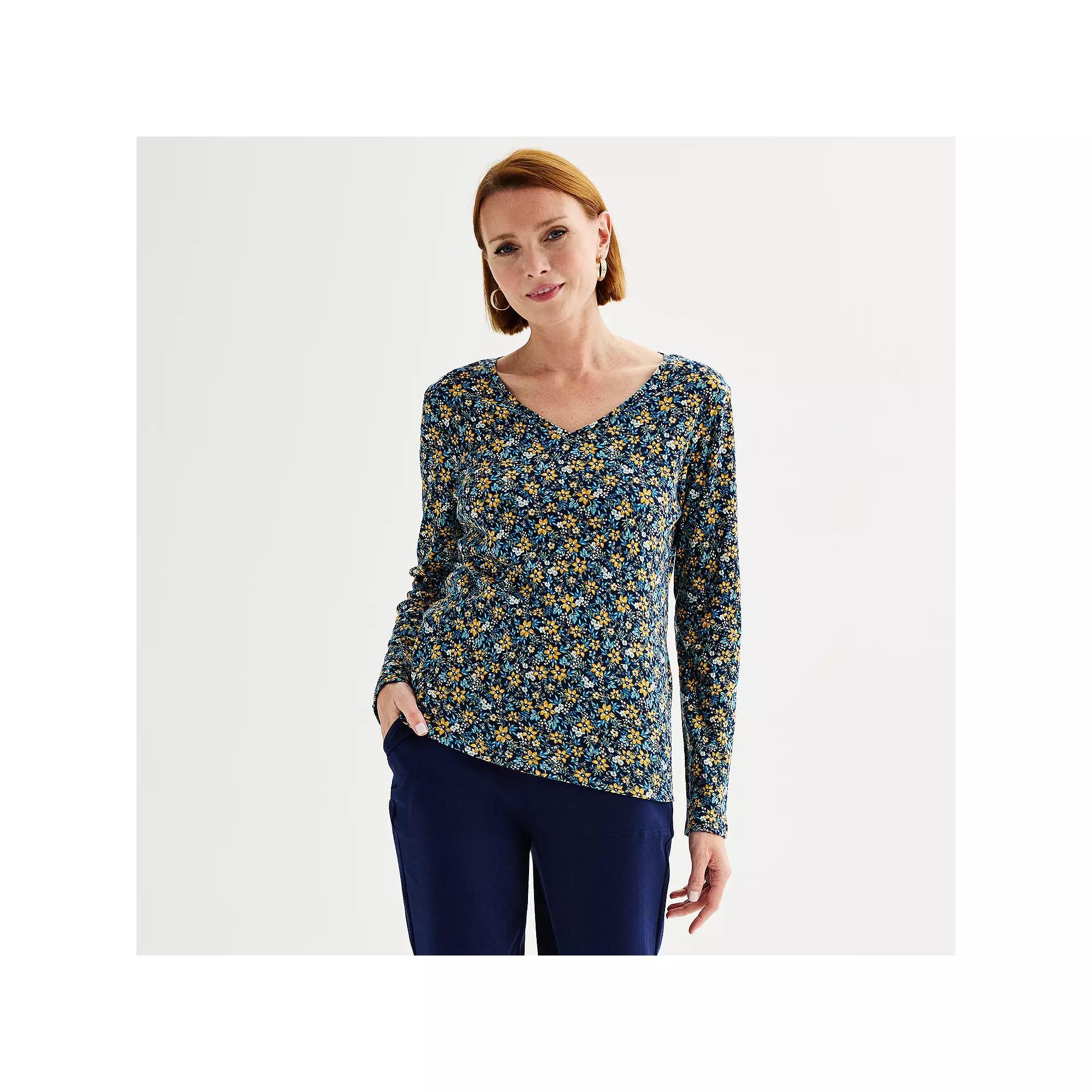 Petite Croft & Barrow® Essential Long-Sleeve V-Neck Top, Women's, Size: Large Petite, Black Paisley Flower Product Image